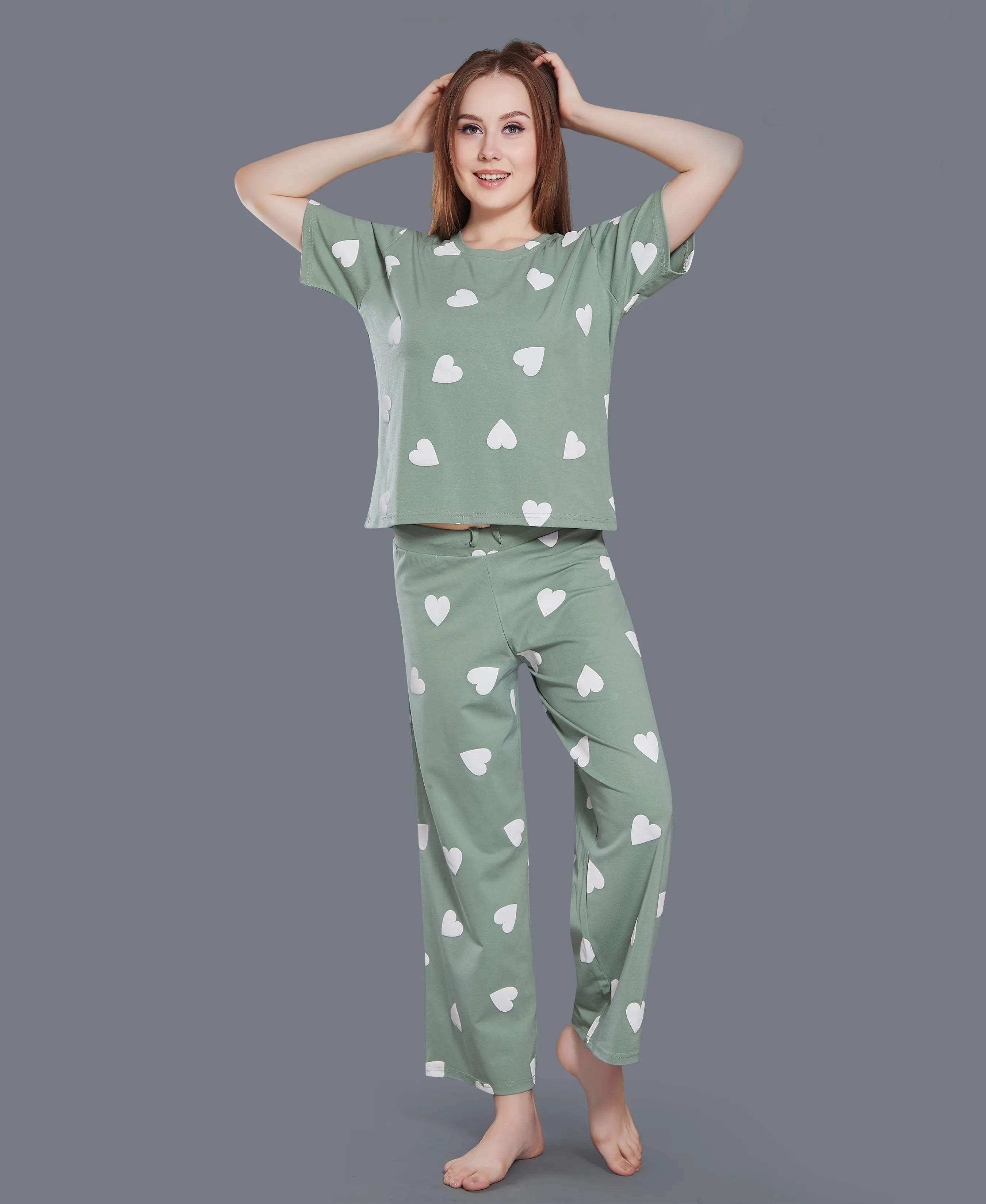 Velure Heart Print Palazzo Night Suit - Velure - - Cotton Lycra Fabric, Full Length Pant, Half Sleeves, Round neck