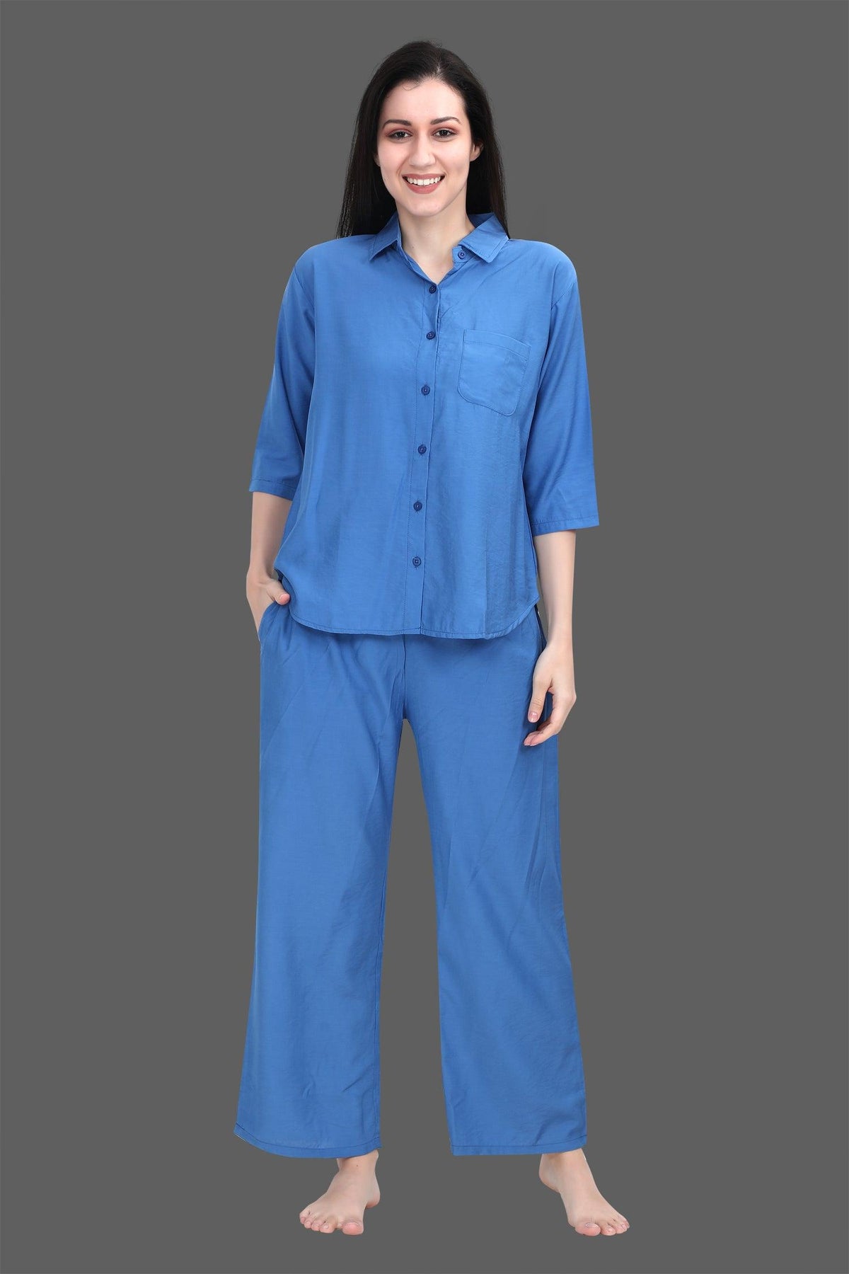 Velure Royal Blue Classic Palazzo Co-ord Set - Velure - Long Top and Pant - 3/4 Sleeves, Collar Neck, Cotton, Front Button Open, Full Length Pant