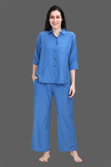 Velure Royal Blue Classic Palazzo Co-ord Set - Velure - Long Top and Pant - 3/4 Sleeves, Collar Neck, Cotton, Front Button Open, Full Length Pant