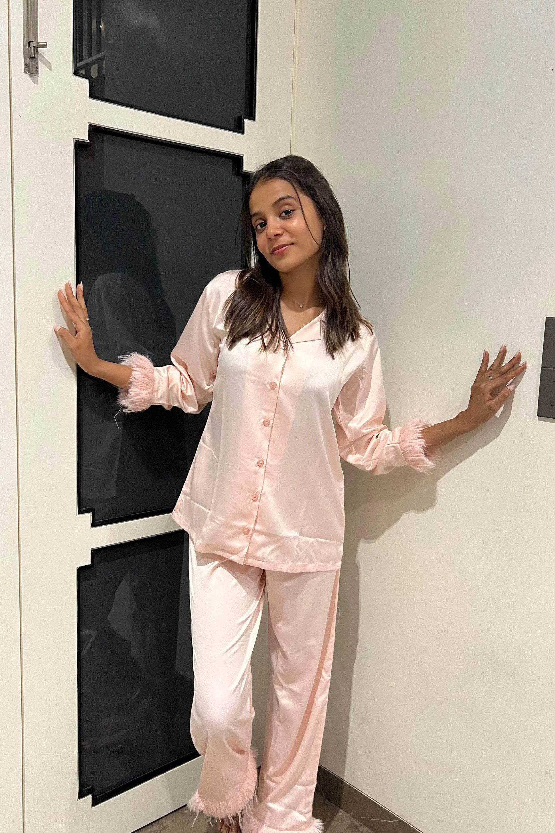 Velure Joyful Fur Satin Night Suit - Velure - Shirt and Pant - Collar Neck, Front Button Open, Full Length Pant, Full Sleeves, Fur, Satin