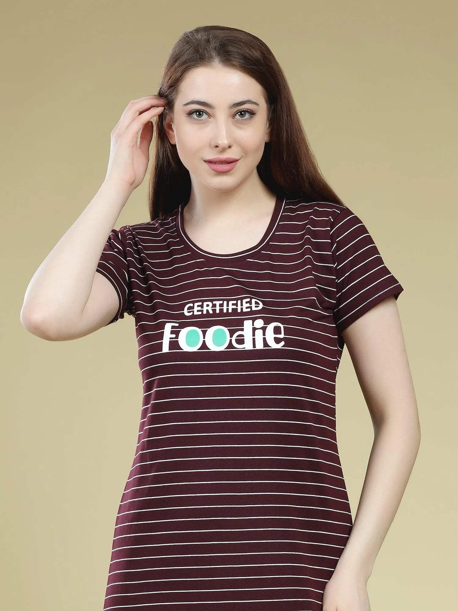 Pleasing Stripes Short Nighty - Velure - Short Nighty - Cotton, Half Sleeves, Knee Length, Printed, Round neck