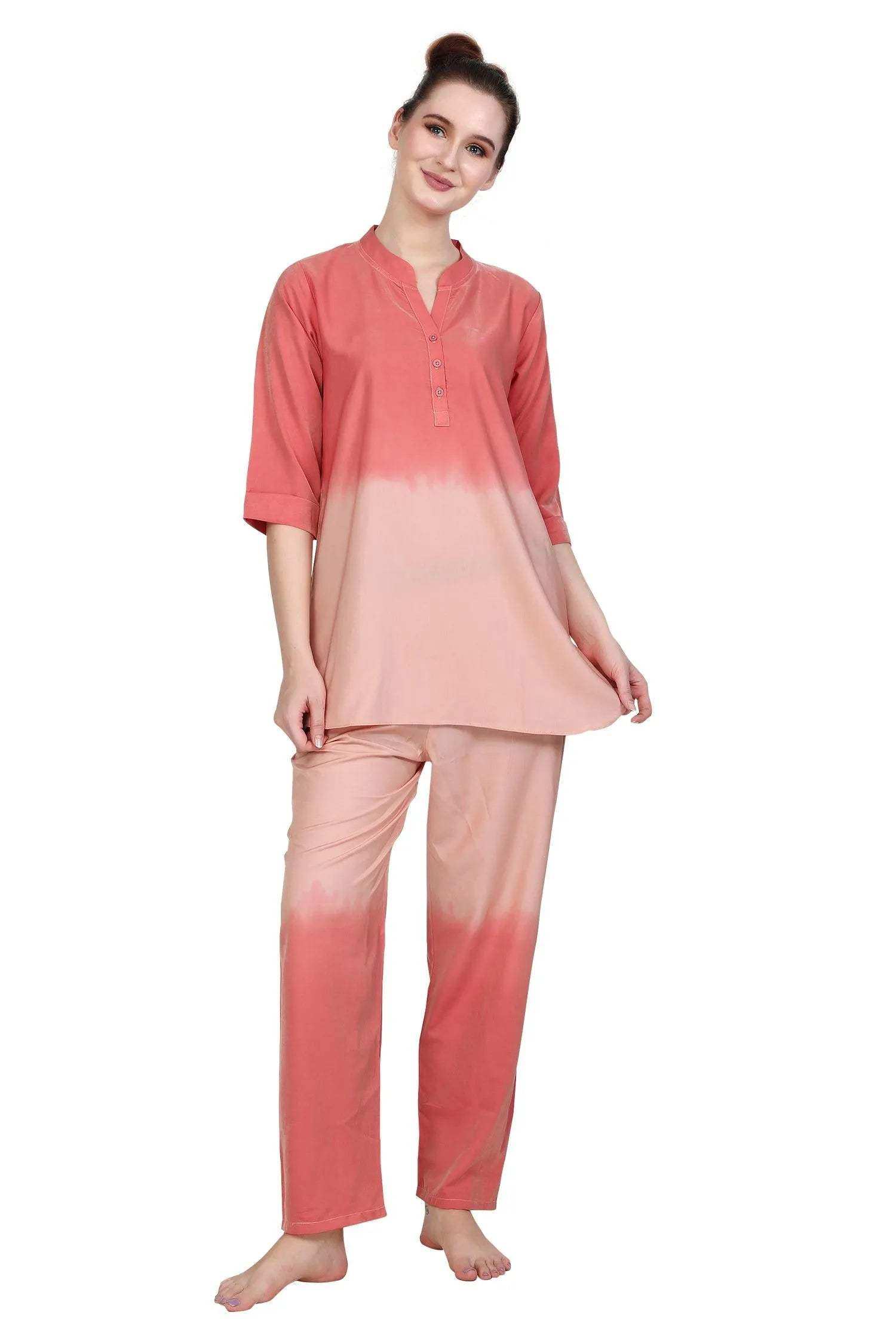 Velure Delightful Kurti Style Night Suit - Velure - - 3/4 Sleeves, Collar Night Suit, Cotton, Full Length Pant