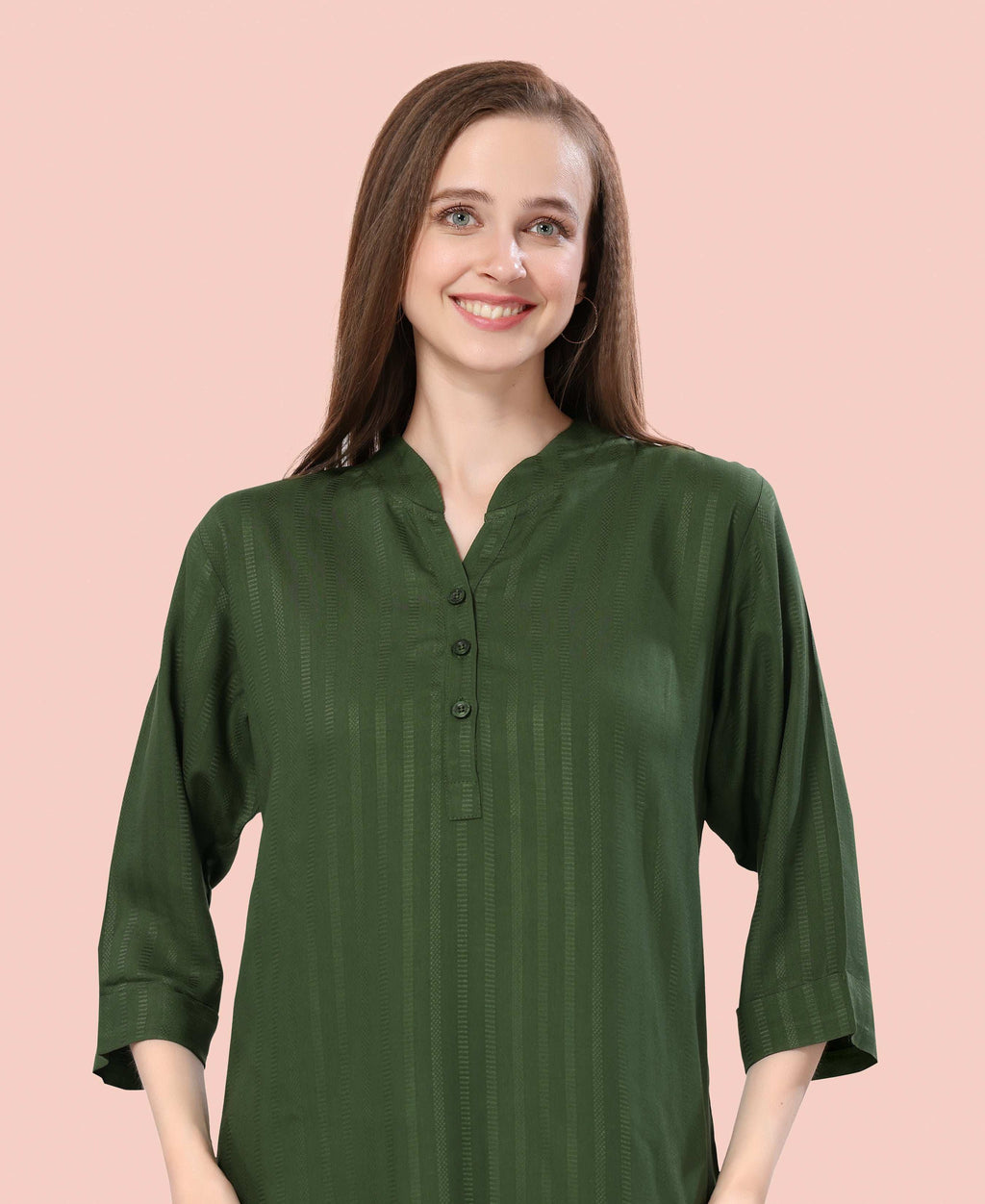 Velure Classic Green Kurti Style Night Suit - Velure - - 3/4 Sleeves, Collar Neck, Cotton, Front Button Open, Full Length Pant