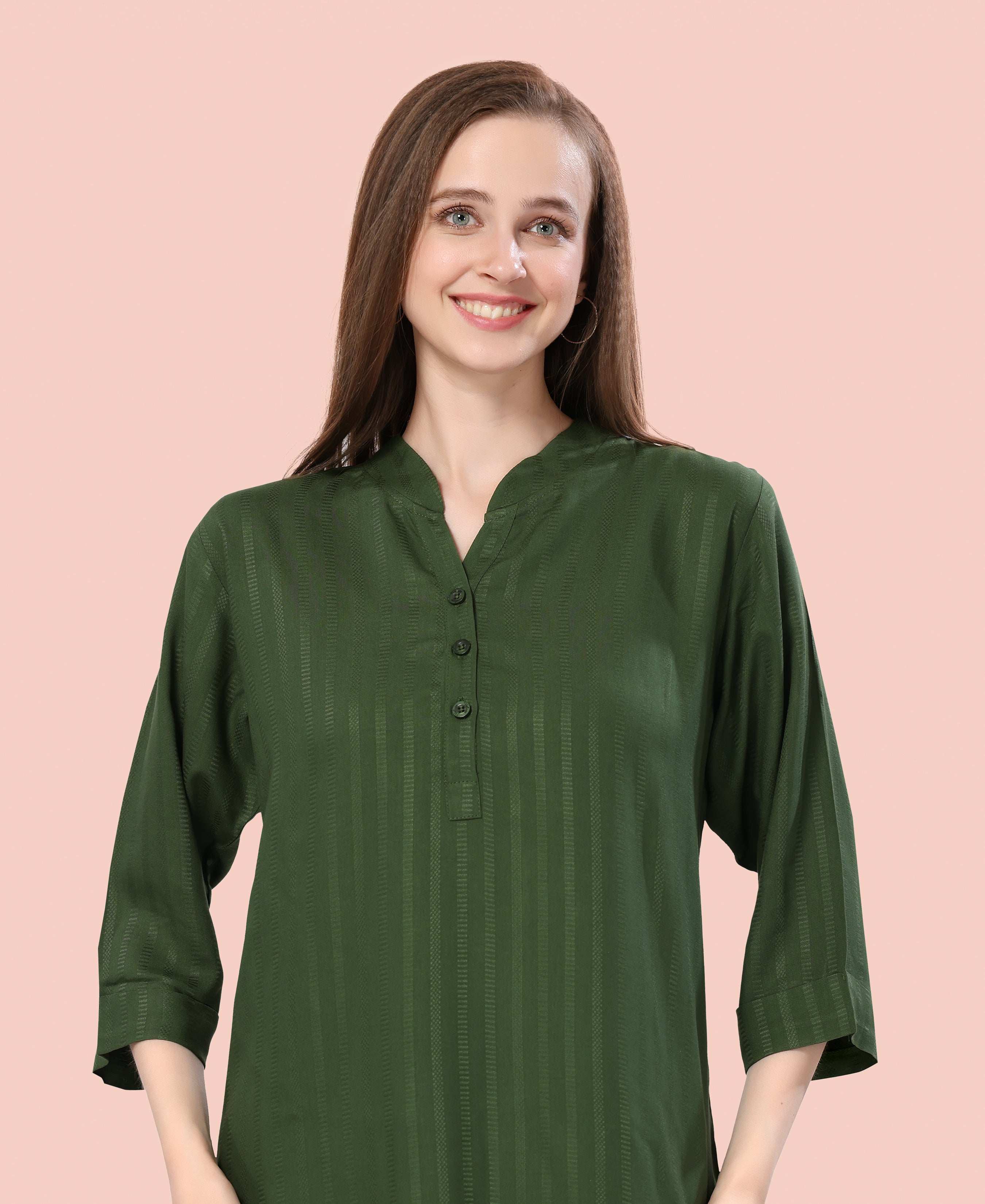 Velure Classic Green Kurti Style Night Suit - Velure - - 3/4 Sleeves, Collar Neck, Cotton, Front Button Open, Full Length Pant