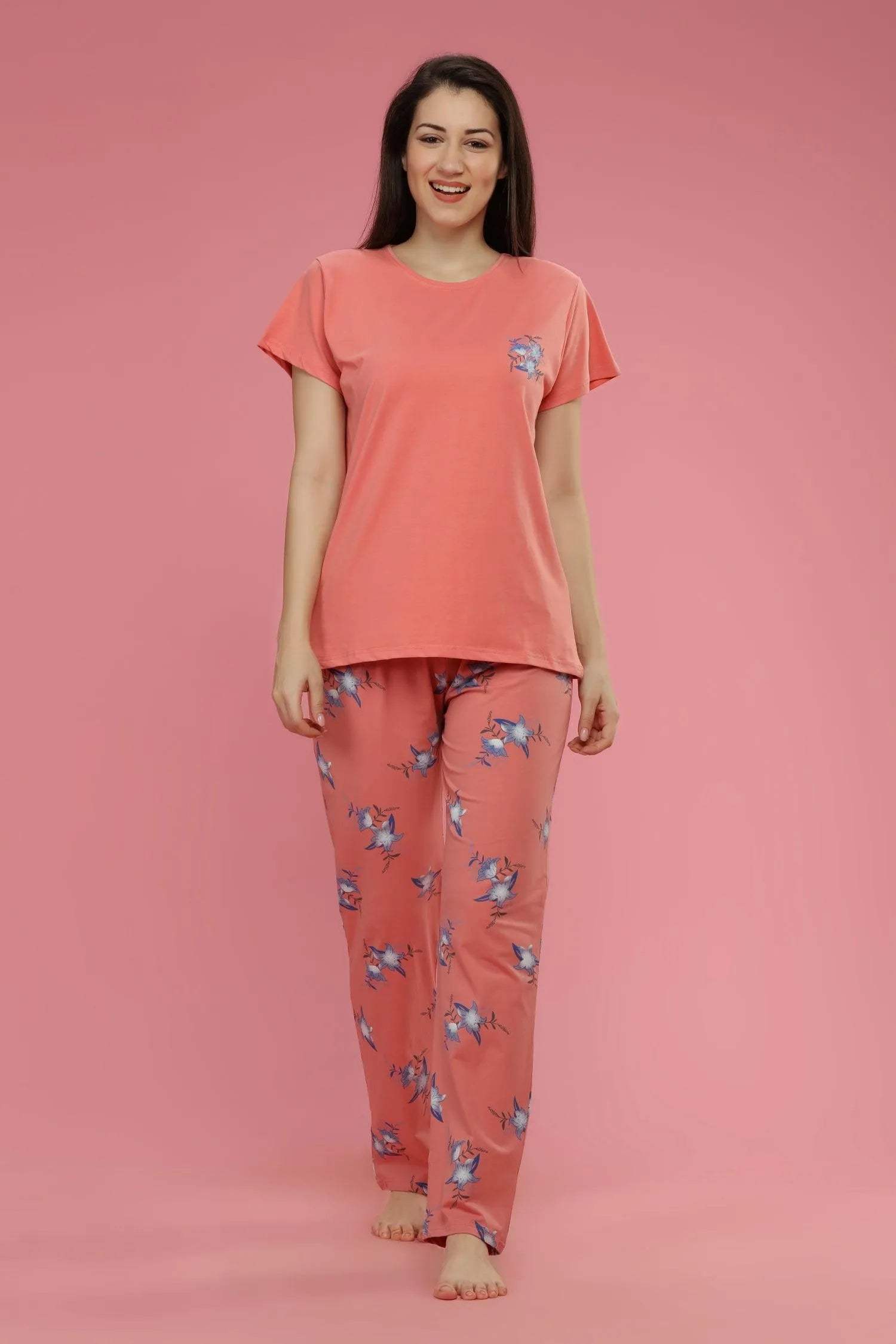 Velure Casual Floral Print Night Suit - Velure - Shirt and Pant - Cotton, Floral Print, Full Length Pant, Half Sleeves, Round neck