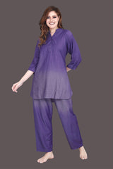 Velure Tunic Purple Dual Shade Kurti Style Night Suit - Velure - Long Top and Pant - 3/4 Sleeves, Collar Neck, Cotton, Front Button Open, Full Length Pant