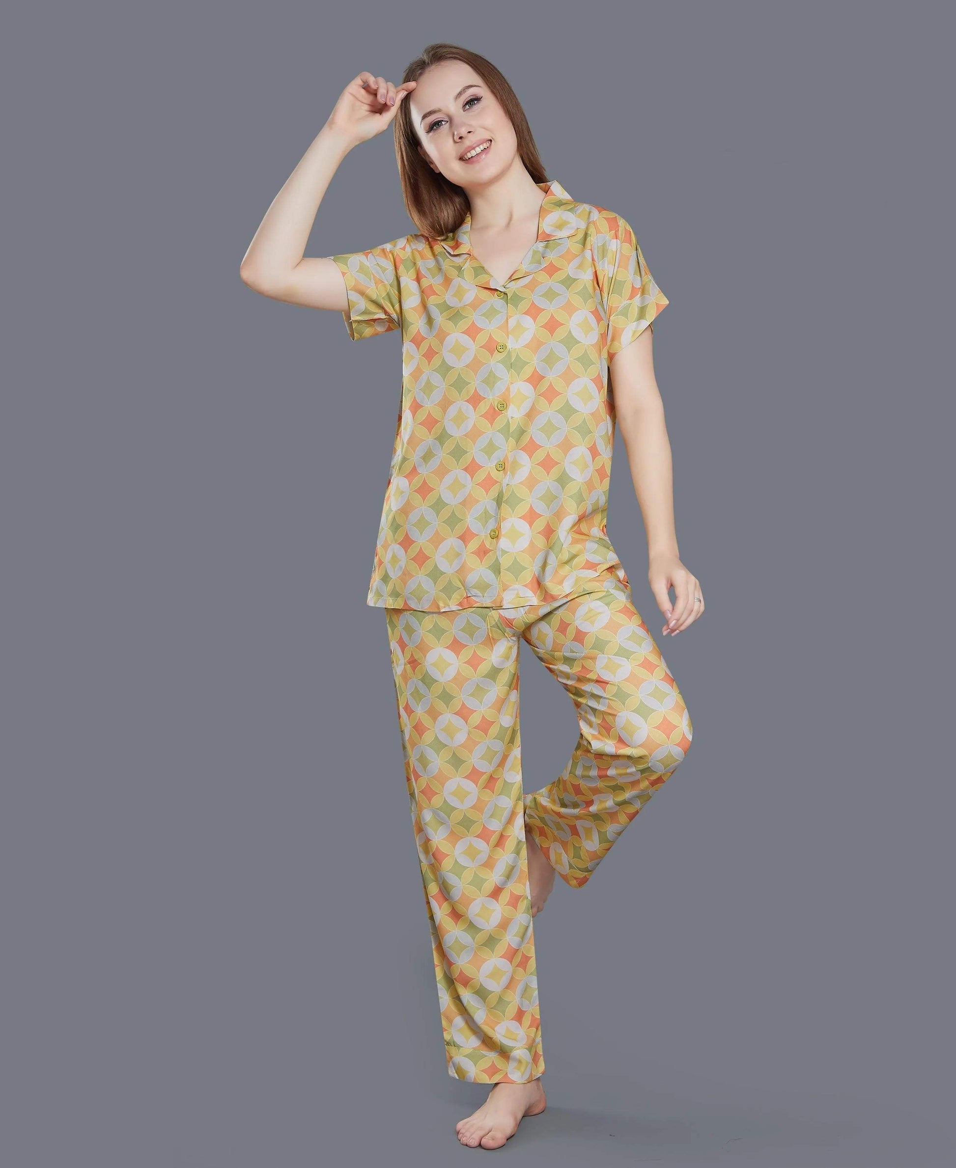 Geometric Print Night Suit - Velure - Shirt and Pant - Abstract Print, Collar Neck, Cotton, Front Button Open, Full Length Pant, Full Sleeves