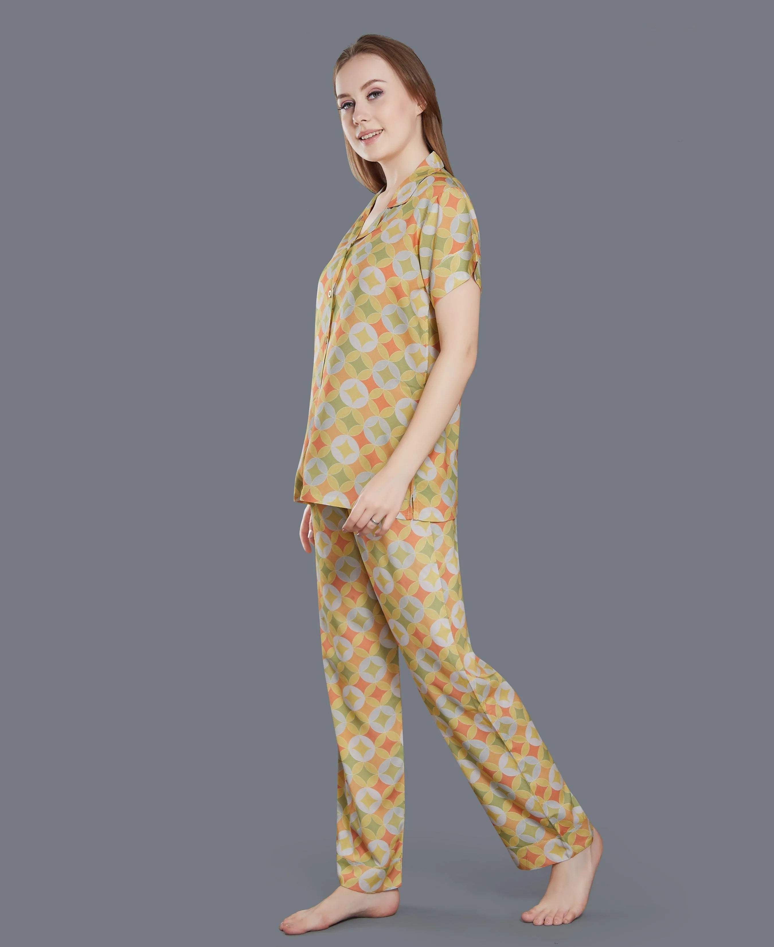 Geometric Print Night Suit - Velure - Shirt and Pant - Abstract Print, Collar Neck, Cotton, Front Button Open, Full Length Pant, Full Sleeves