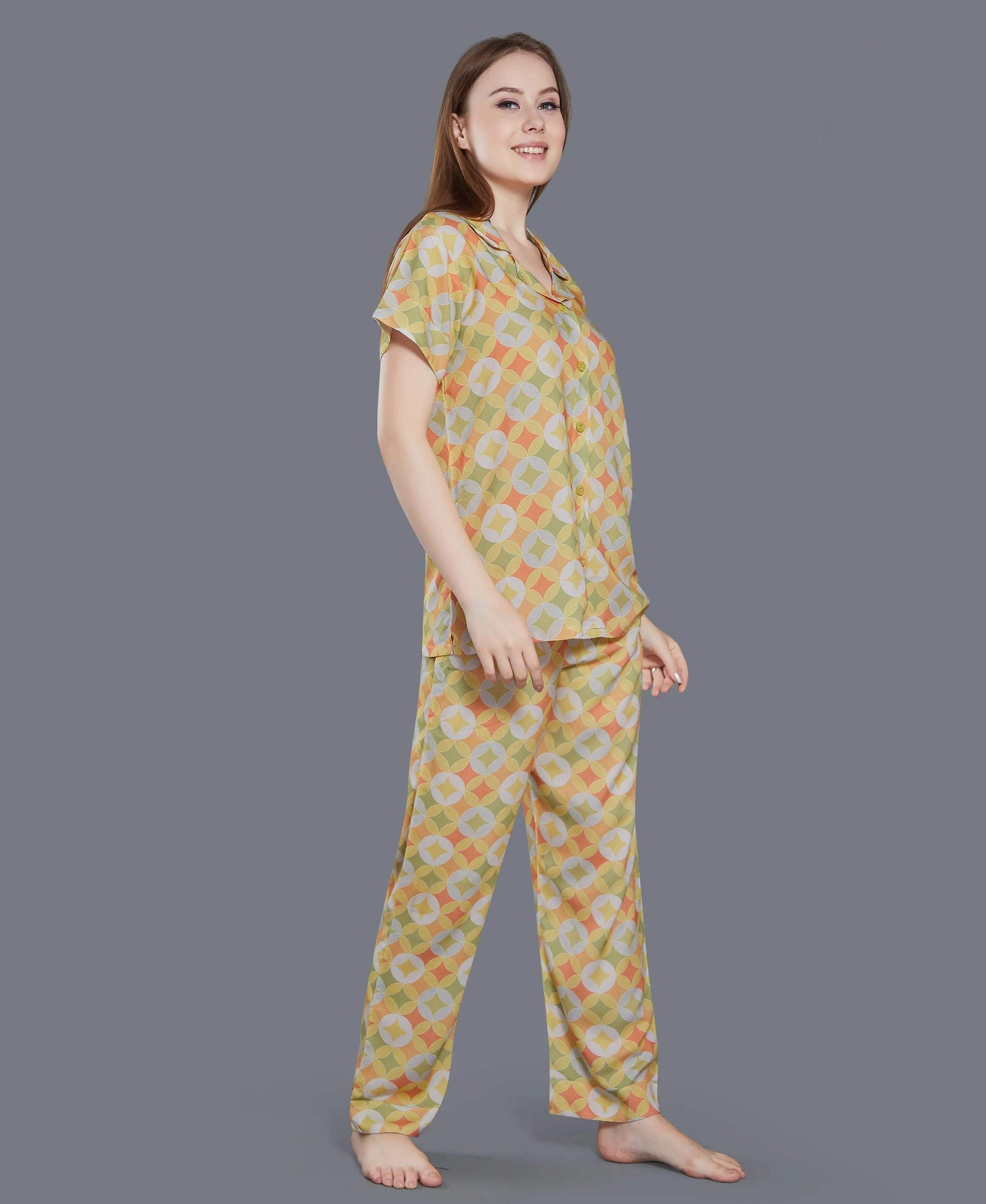 Geometric Print Night Suit - Velure - Shirt and Pant - Abstract Print, Collar Neck, Cotton, Front Button Open, Full Length Pant, Full Sleeves