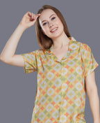 Geometric Print Night Suit - Velure - Shirt and Pant - Abstract Print, Collar Neck, Cotton, Front Button Open, Full Length Pant, Full Sleeves