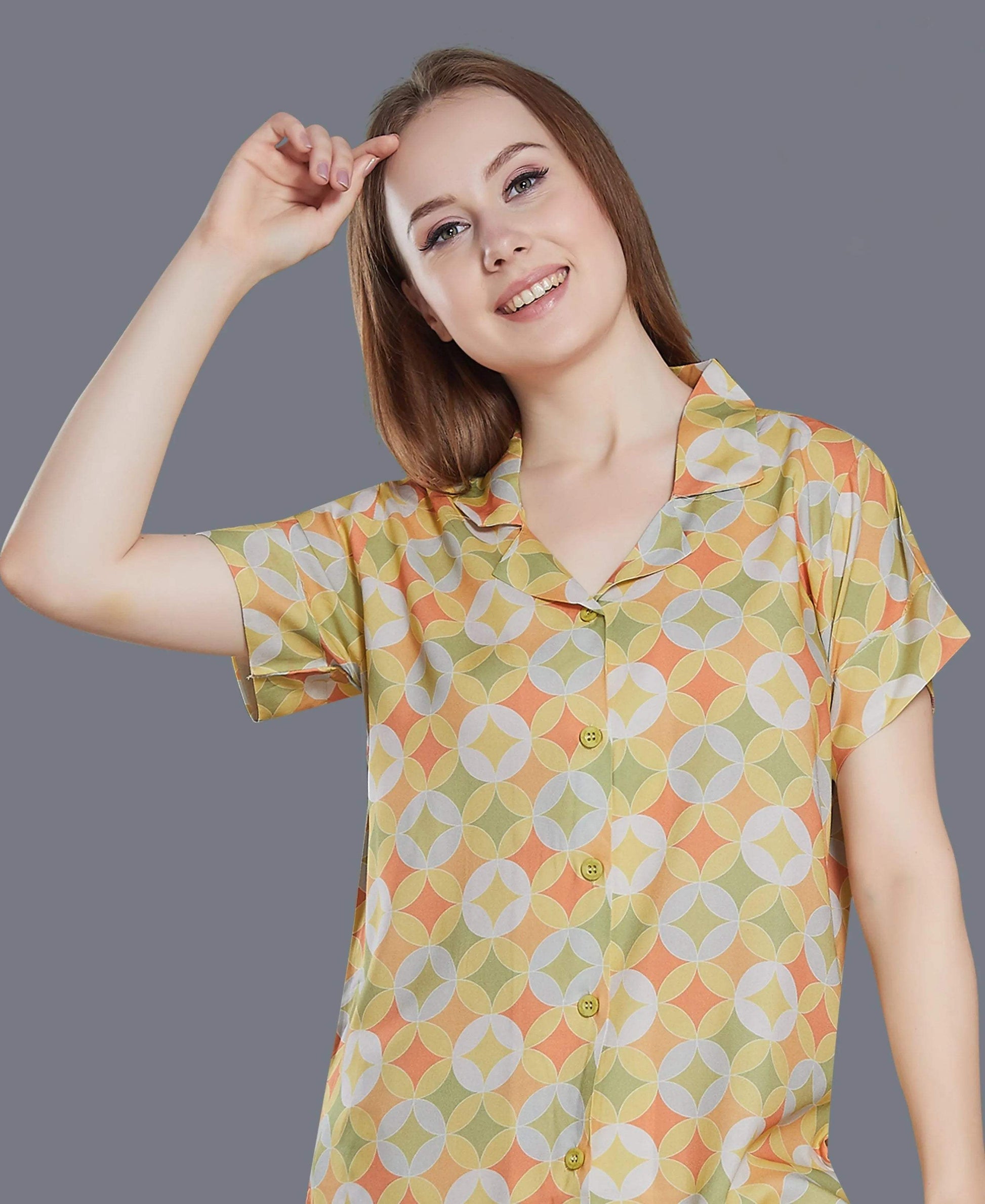Geometric Print Night Suit - Velure - Shirt and Pant - Abstract Print, Collar Neck, Cotton, Front Button Open, Full Length Pant, Full Sleeves