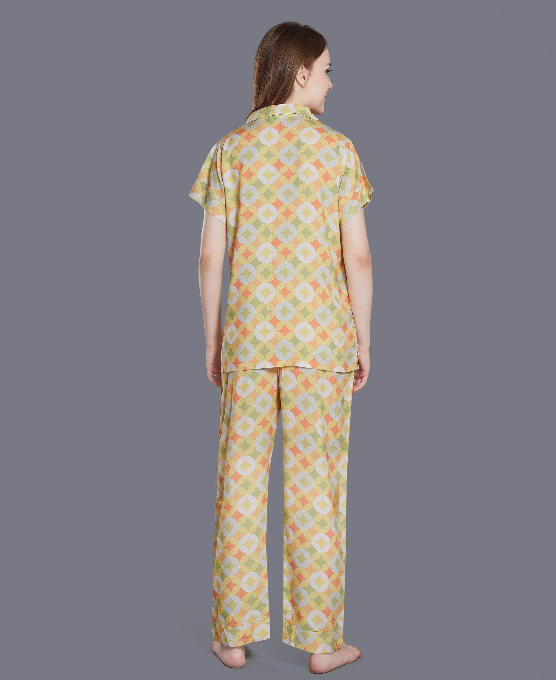 Geometric Print Night Suit - Velure - Shirt and Pant - Abstract Print, Collar Neck, Cotton, Front Button Open, Full Length Pant, Full Sleeves