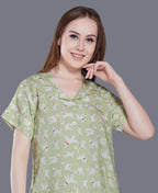 Velure Printed Night Suit for Women - Velure - Shirt and Pant - Collar Neck, Front Button Open, Full Length Pant, Half Sleeves, Printed