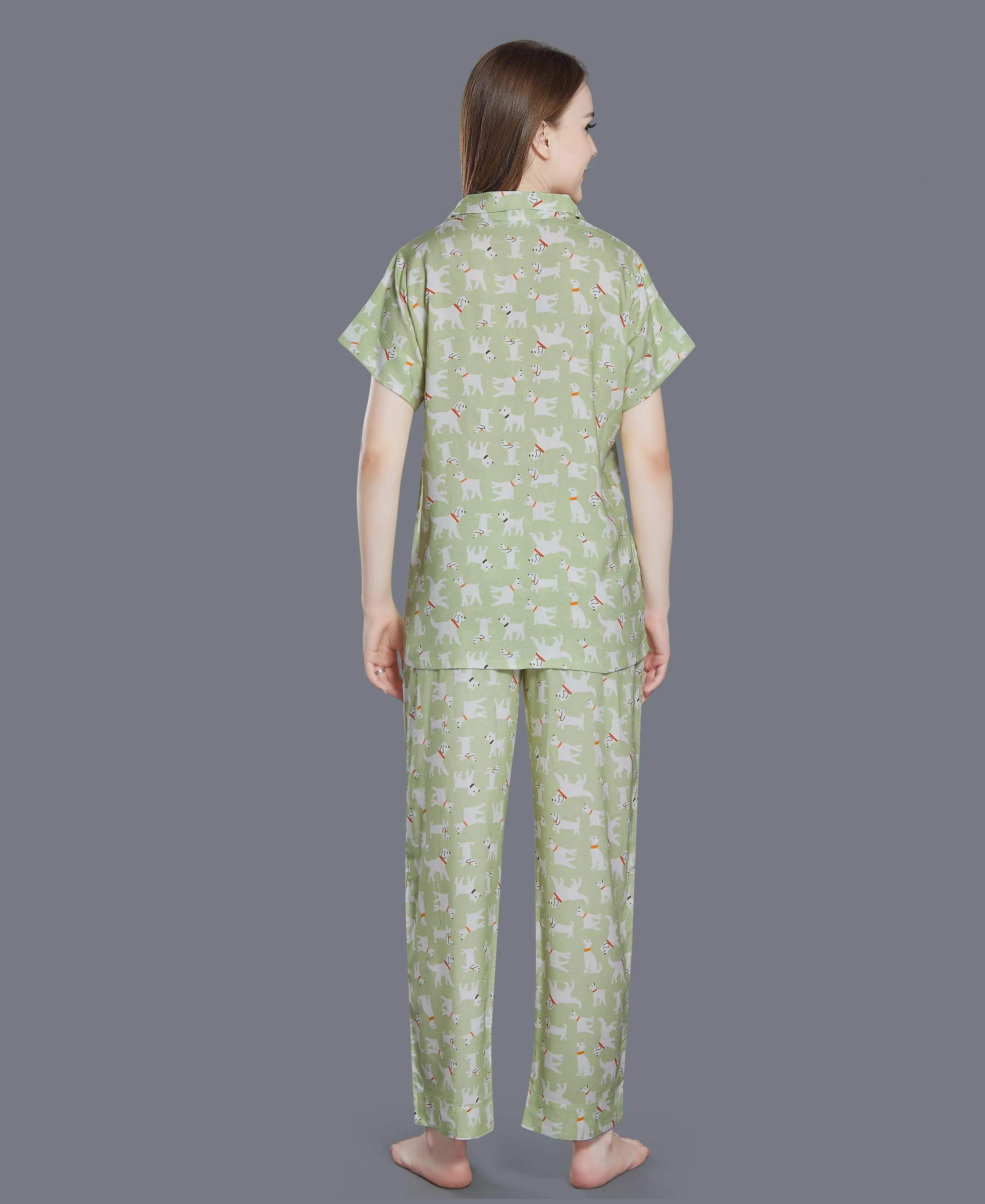 Velure Printed Night Suit for Women - Velure - Shirt and Pant - Collar Neck, Front Button Open, Full Length Pant, Half Sleeves, Printed