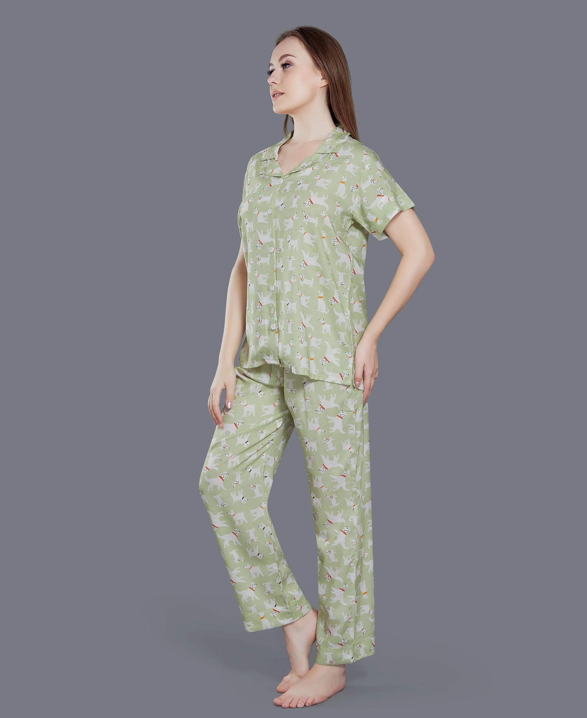 Velure Printed Night Suit for Women - Velure - Shirt and Pant - Collar Neck, Front Button Open, Full Length Pant, Half Sleeves, Printed
