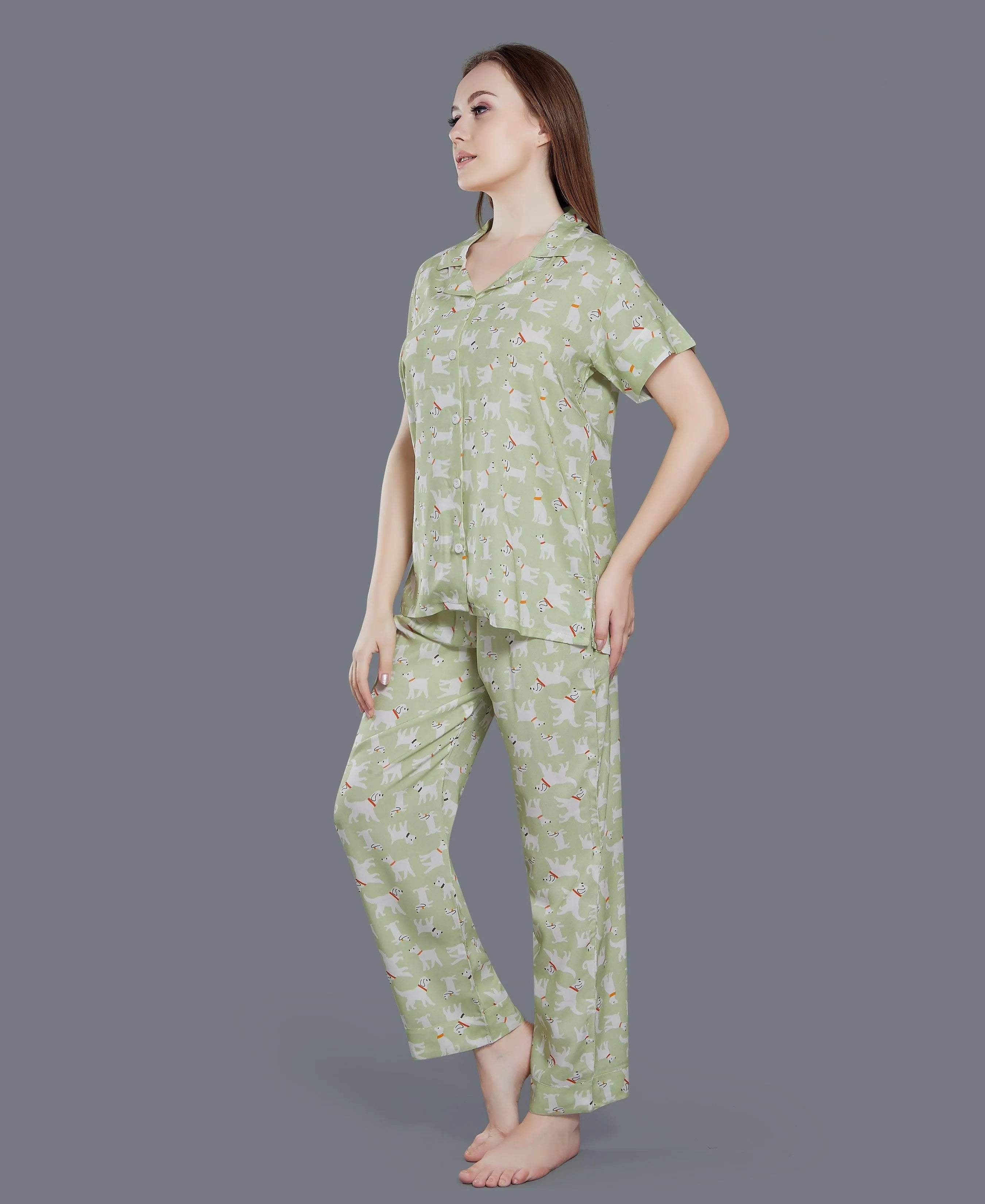 Velure Printed Night Suit for Women - Velure - Shirt and Pant - Collar Neck, Front Button Open, Full Length Pant, Half Sleeves, Printed