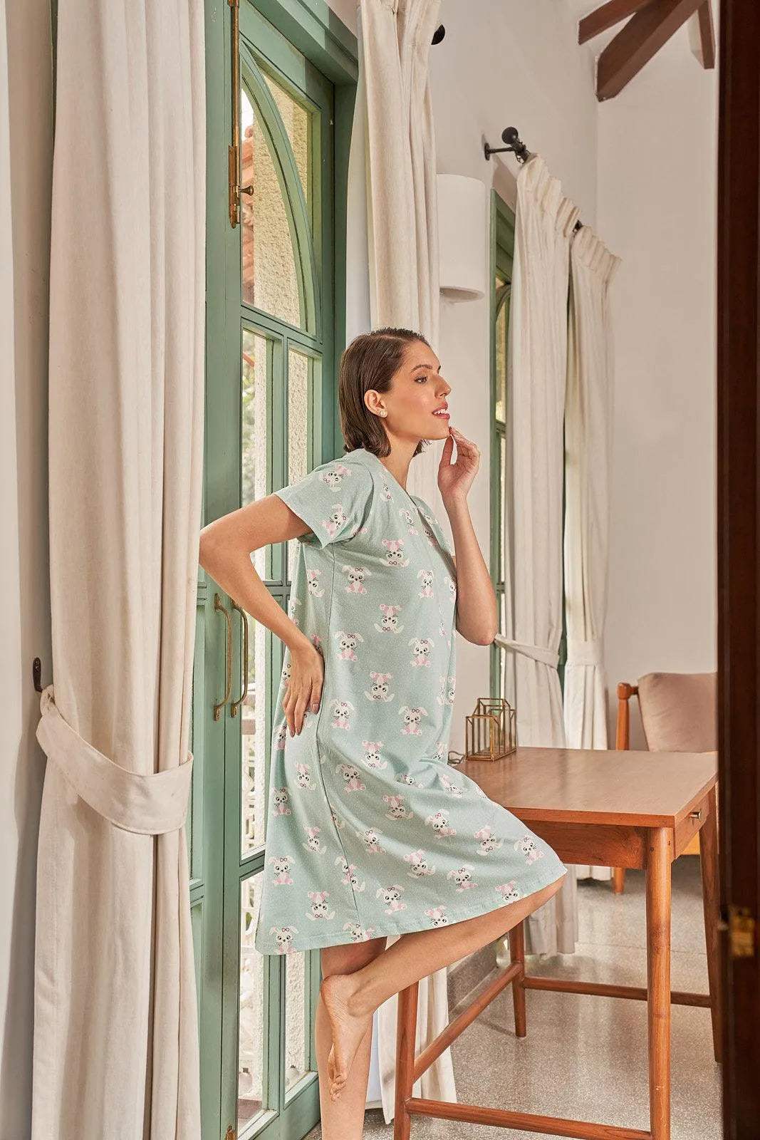 Velure Dreamy Rabbit Print Short Nighty - Velure - Short Nighty - Cotton, Half Sleeves, Knee Length, Printed, Round neck