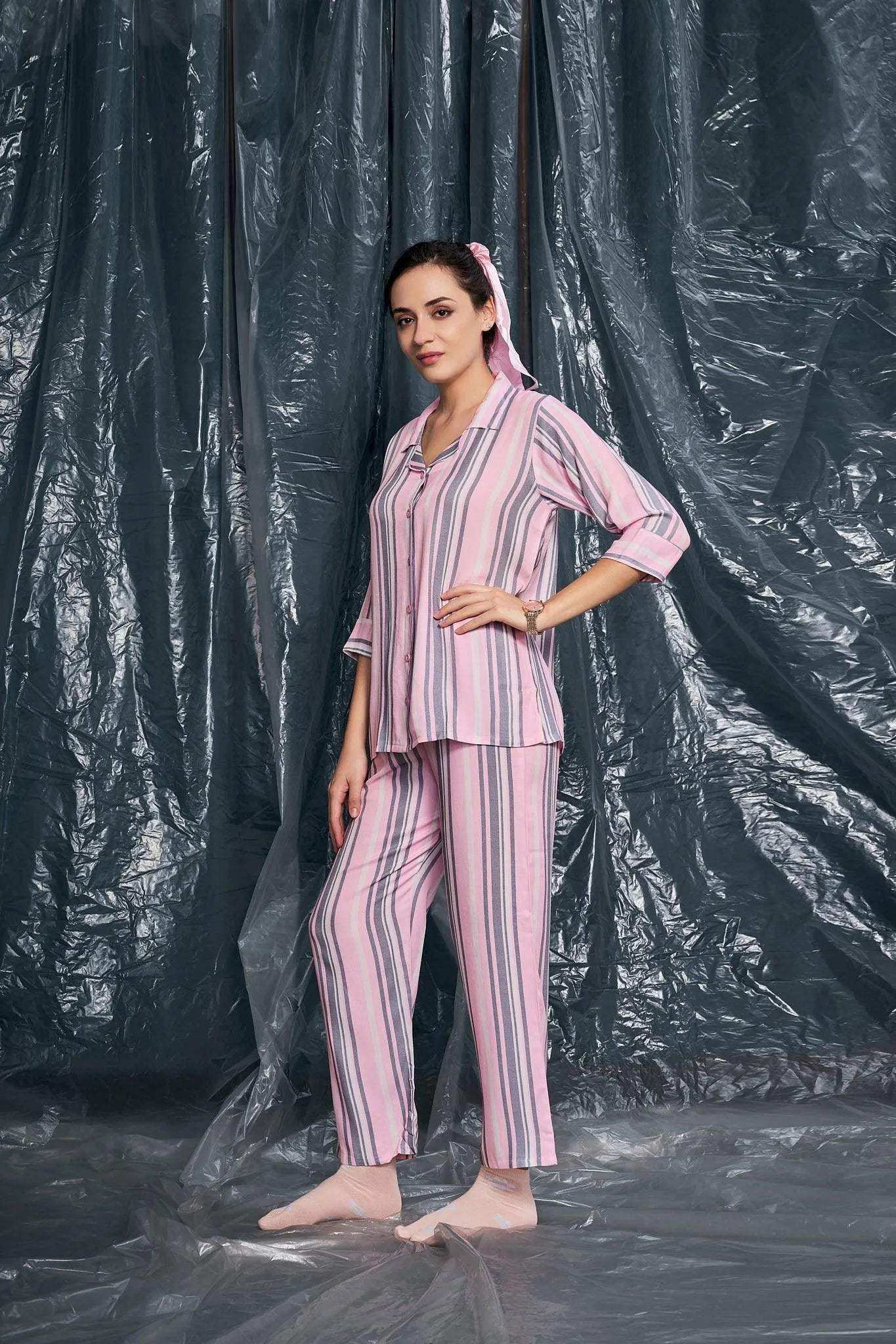 Velure Casual Stripes Night Suit - Velure - - 3/4 Sleeves, Collar Neck, Cotton, Front Button Open, Full Length Pant, Stripes