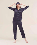 Velure Flerry Red Satin Night Suit - Velure - - 3/4 Sleeves, Collar Neck, Eye Mask, Front Button Open, Full Length Pant, Satin