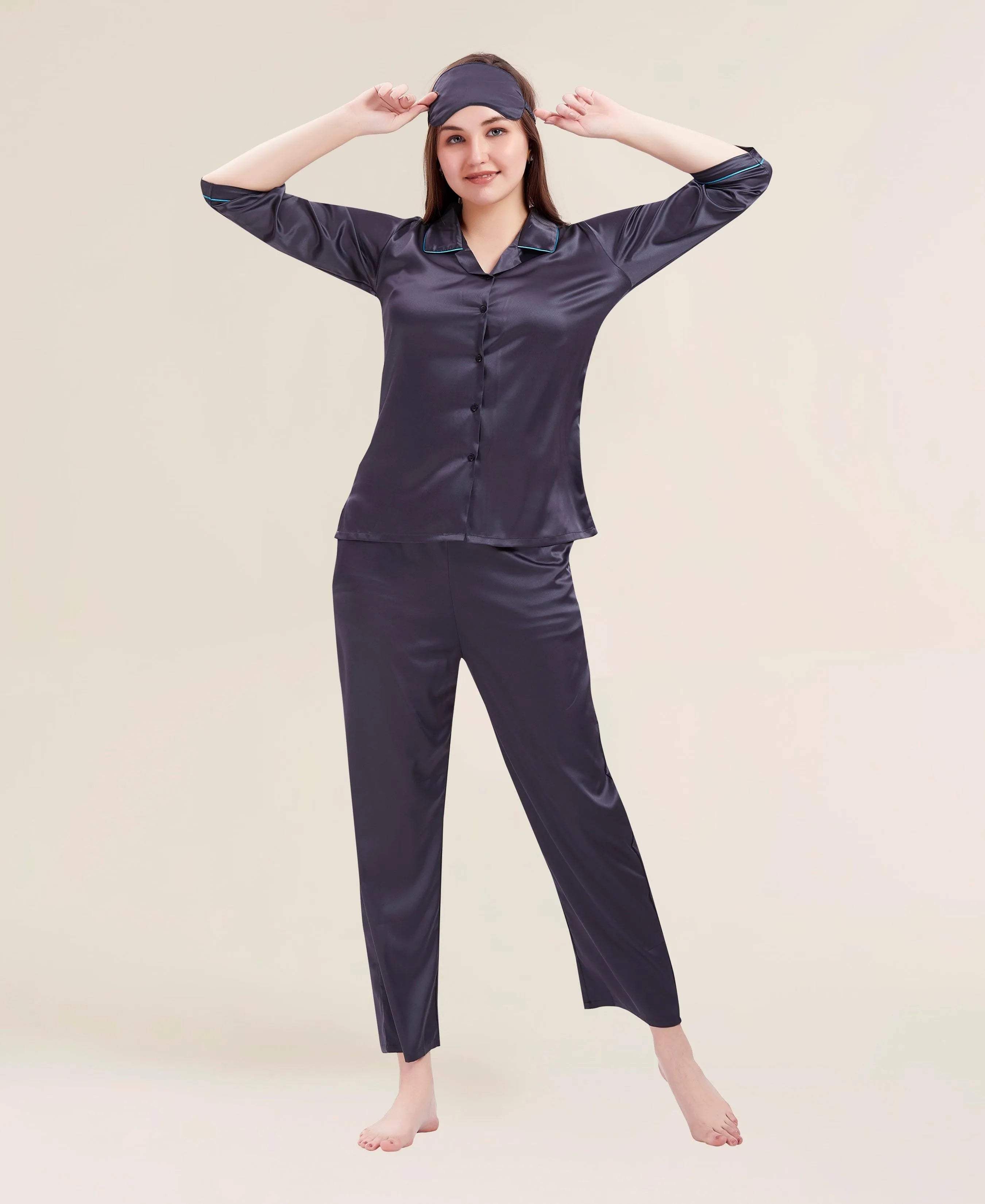 Velure Flerry Red Satin Night Suit - Velure - - 3/4 Sleeves, Collar Neck, Eye Mask, Front Button Open, Full Length Pant, Satin