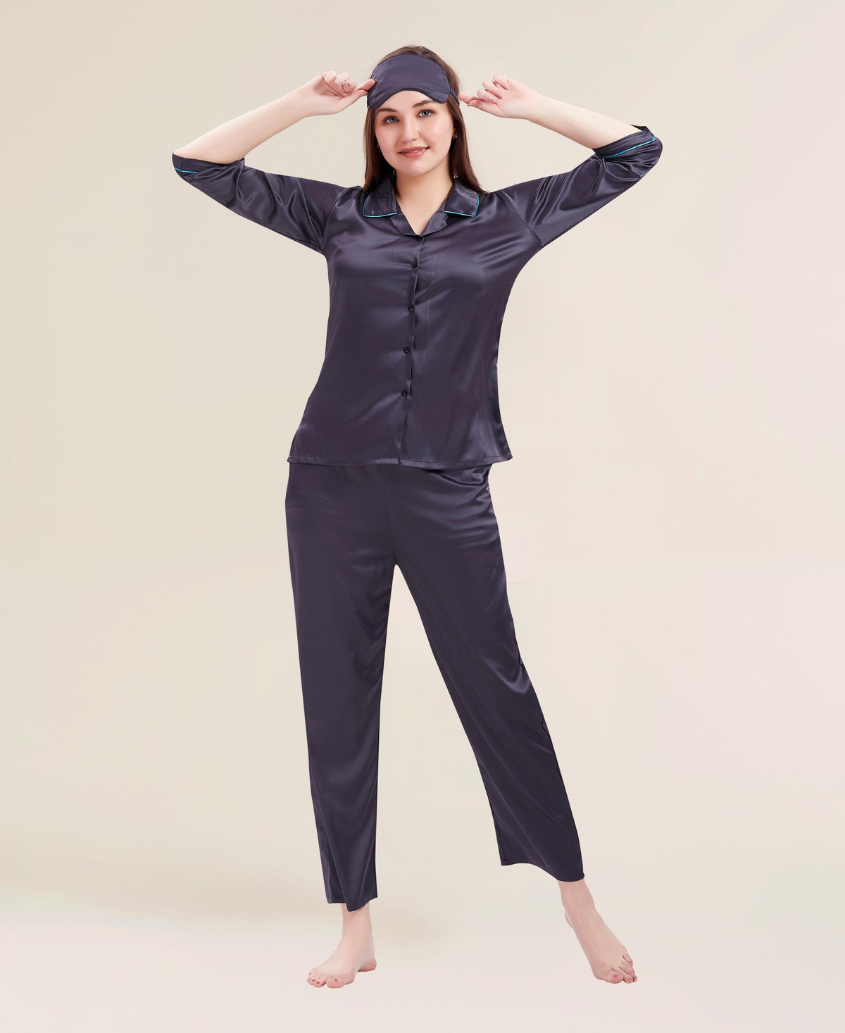 Velure Comfy Grace Satin Night Suit - Velure - Shirt and Pant - 3/4 Sleeves, Collar Neck, Eye Mask, Front Button Open, Full Length Pant, Satin