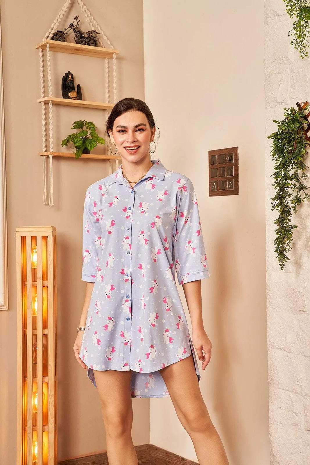 Velure Embellished Unicorn Print Night Shirt - Velure - - 3/4 Sleeves, Collar Neck, Cotton, Front Button Open, Knee Length, Printed