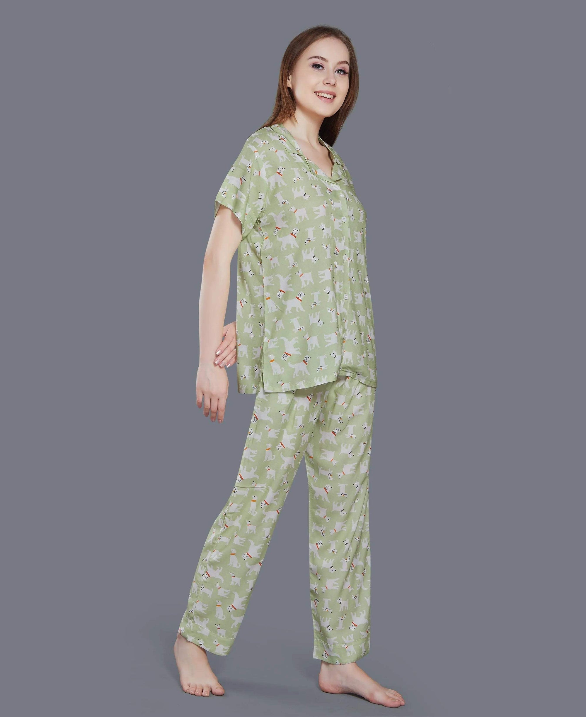 Velure Printed Night Suit for Women - Velure - Shirt and Pant - Collar Neck, Front Button Open, Full Length Pant, Half Sleeves, Printed