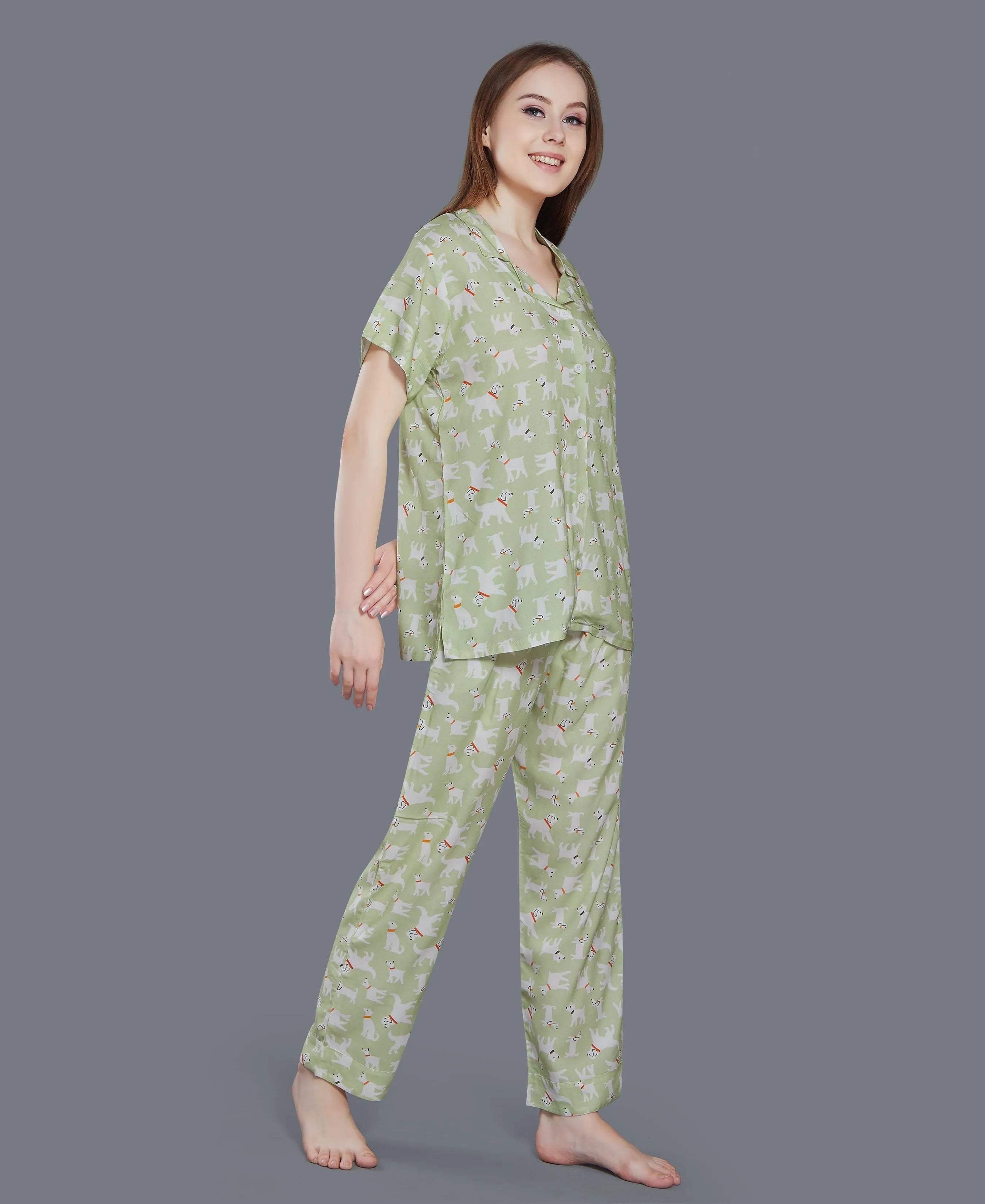 Velure Printed Night Suit for Women - Velure - Shirt and Pant - Collar Neck, Front Button Open, Full Length Pant, Half Sleeves, Printed