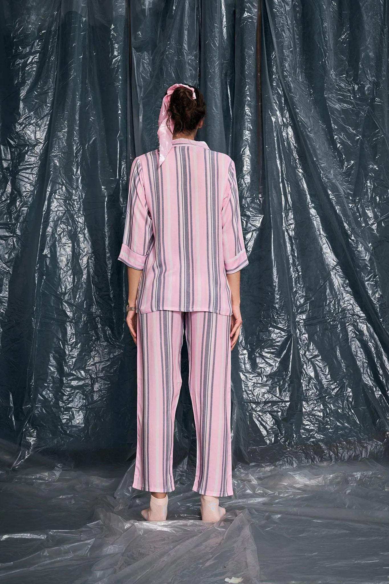 Velure Casual Stripes Night Suit - Velure - - 3/4 Sleeves, Collar Neck, Cotton, Front Button Open, Full Length Pant, Stripes