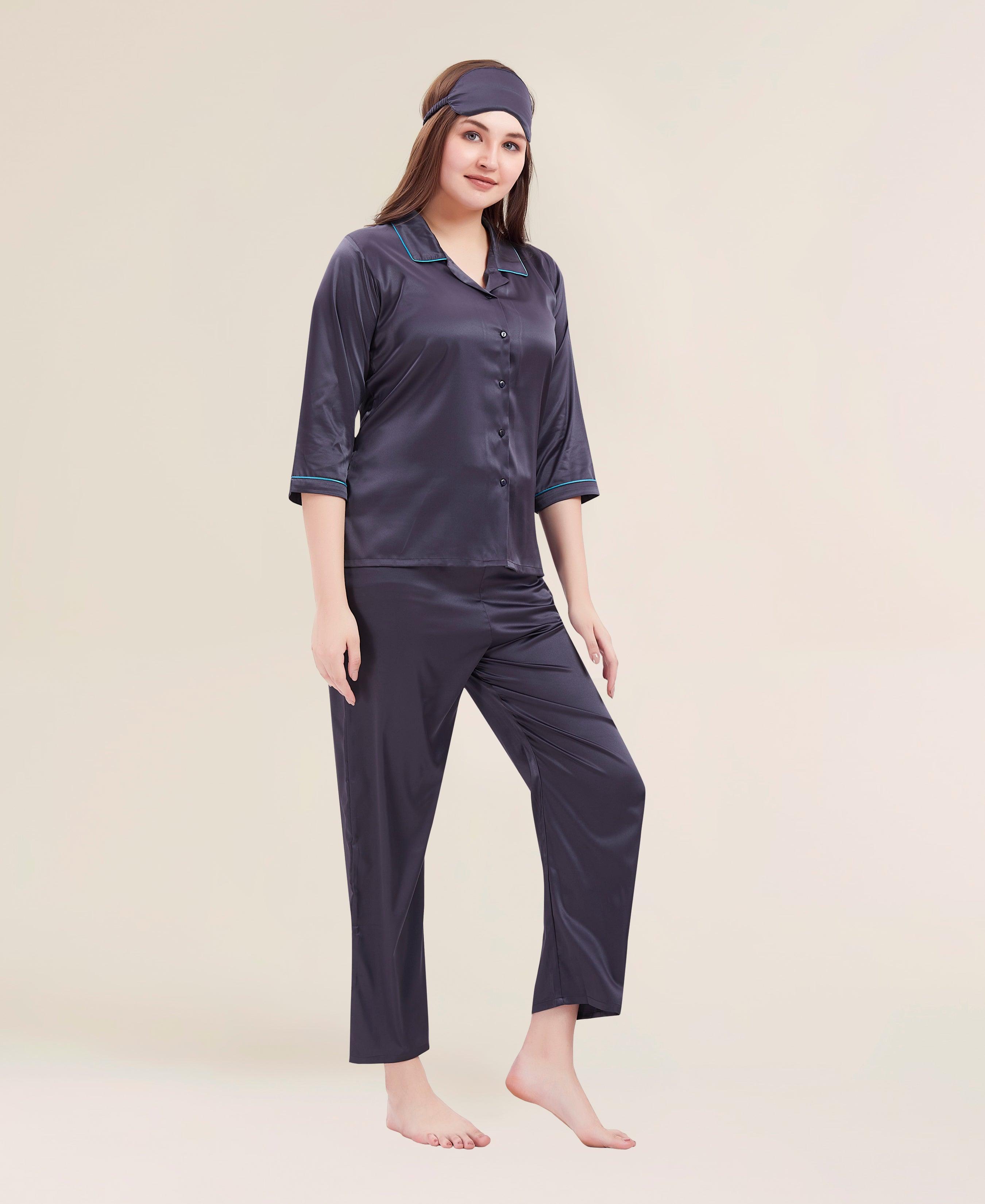 Velure Comfy Grace Satin Night Suit - Velure - Shirt and Pant - 3/4 Sleeves, Collar Neck, Eye Mask, Front Button Open, Full Length Pant, Satin