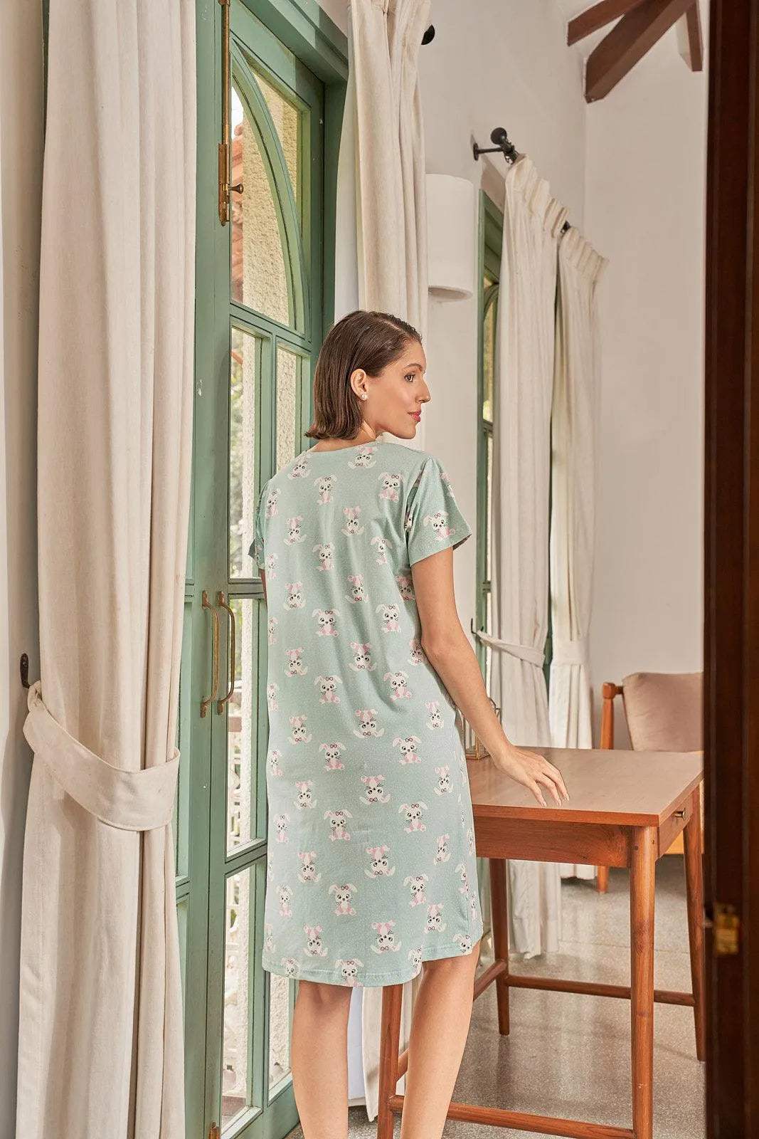 Velure Dreamy Rabbit Print Short Nighty - Velure - Short Nighty - Cotton, Half Sleeves, Knee Length, Printed, Round neck