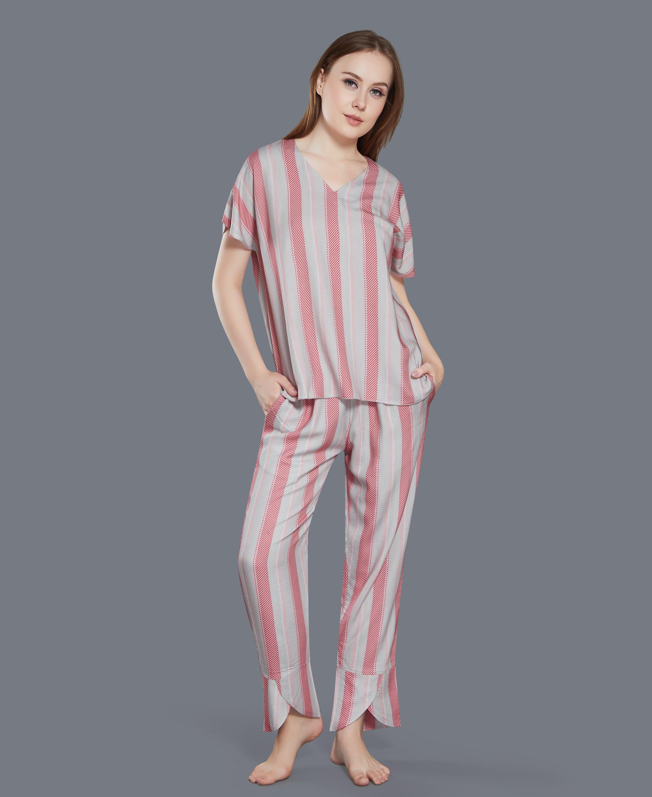 Striped Cotton Night Suit - Velure - T-Shirt and Pants - Cotton Satin, Full Length Pant, Half Sleeves, Printed, V Neck