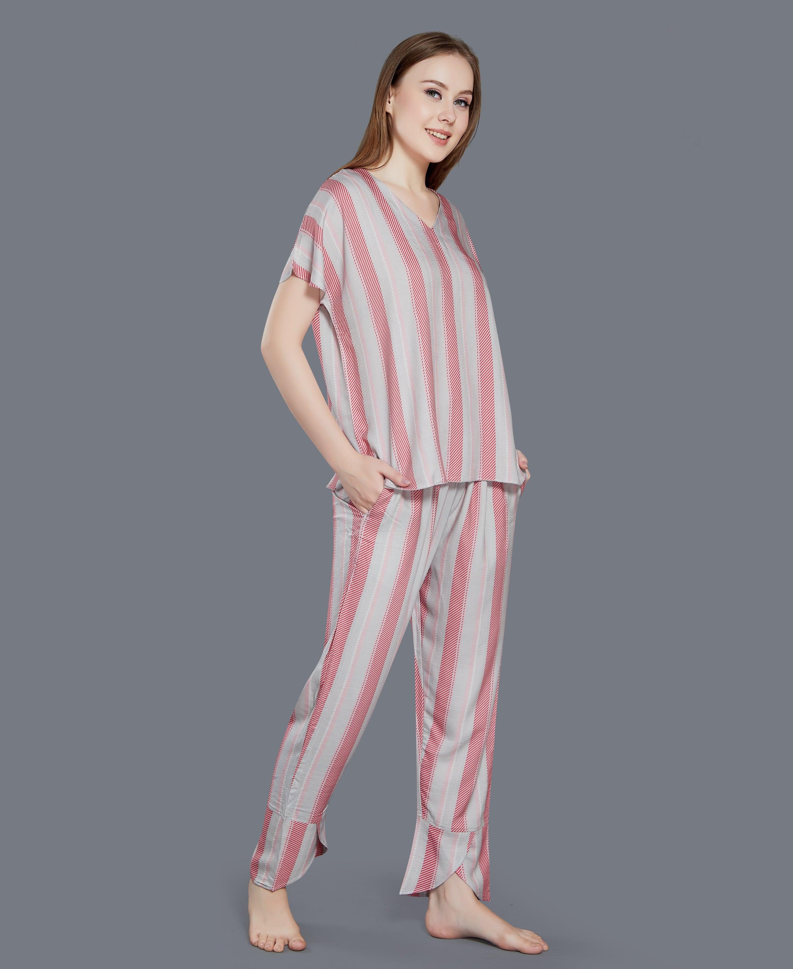 Striped Cotton Night Suit - Velure - T-Shirt and Pants - Cotton Satin, Full Length Pant, Half Sleeves, Printed, V Neck