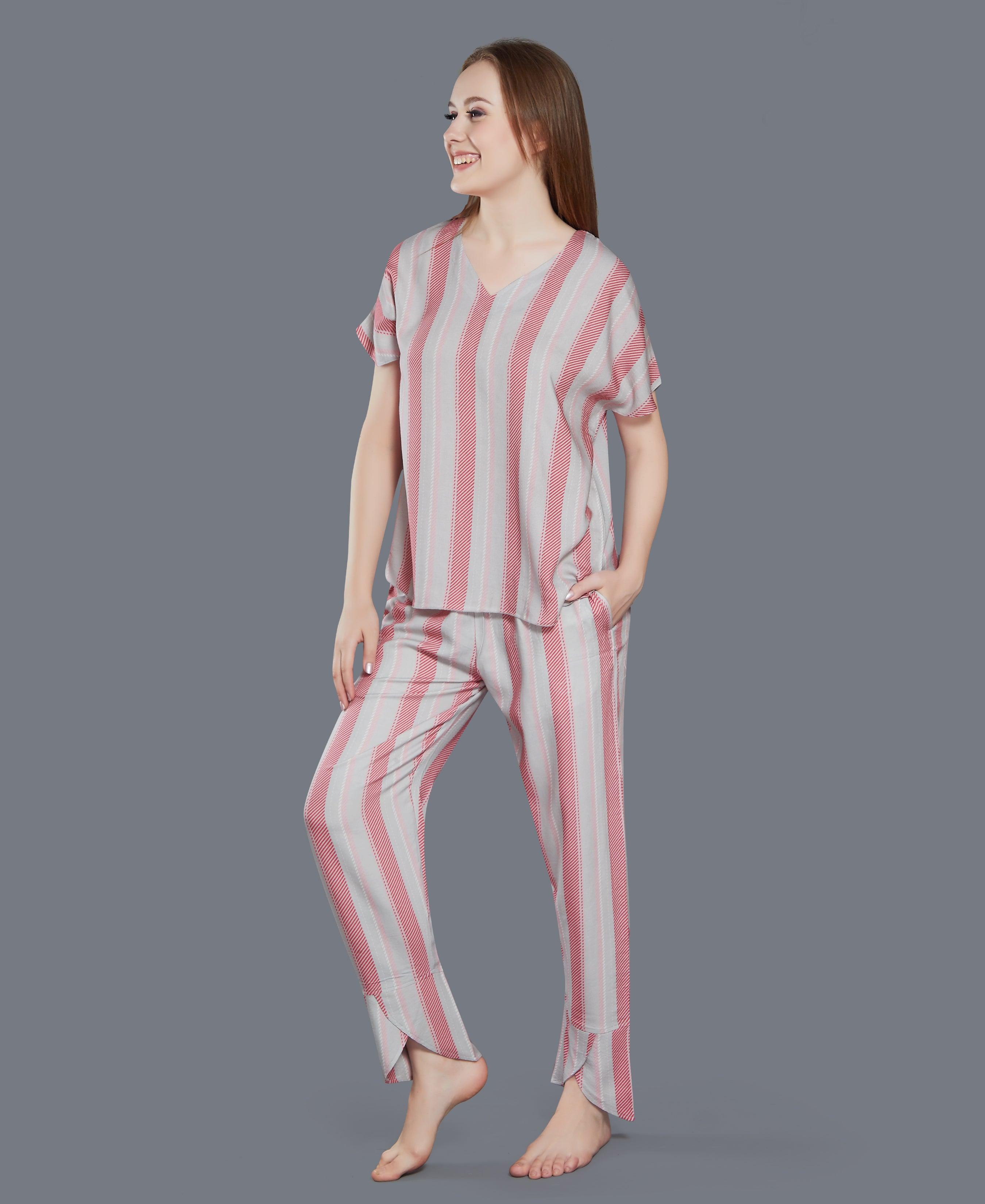 Striped Cotton Night Suit - Velure - T-Shirt and Pants - Cotton Satin, Full Length Pant, Half Sleeves, Printed, V Neck