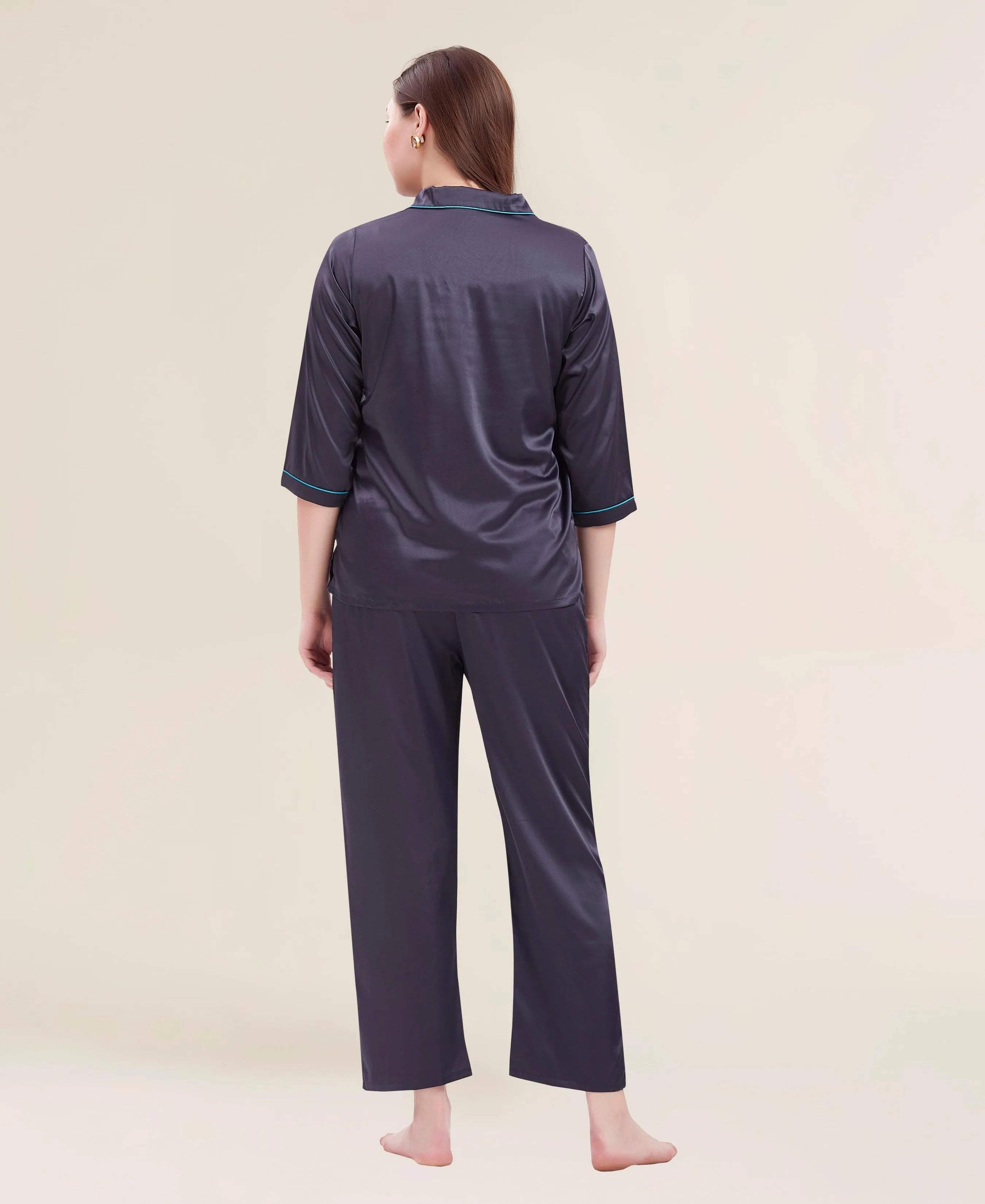Velure Flerry Red Satin Night Suit - Velure - - 3/4 Sleeves, Collar Neck, Eye Mask, Front Button Open, Full Length Pant, Satin