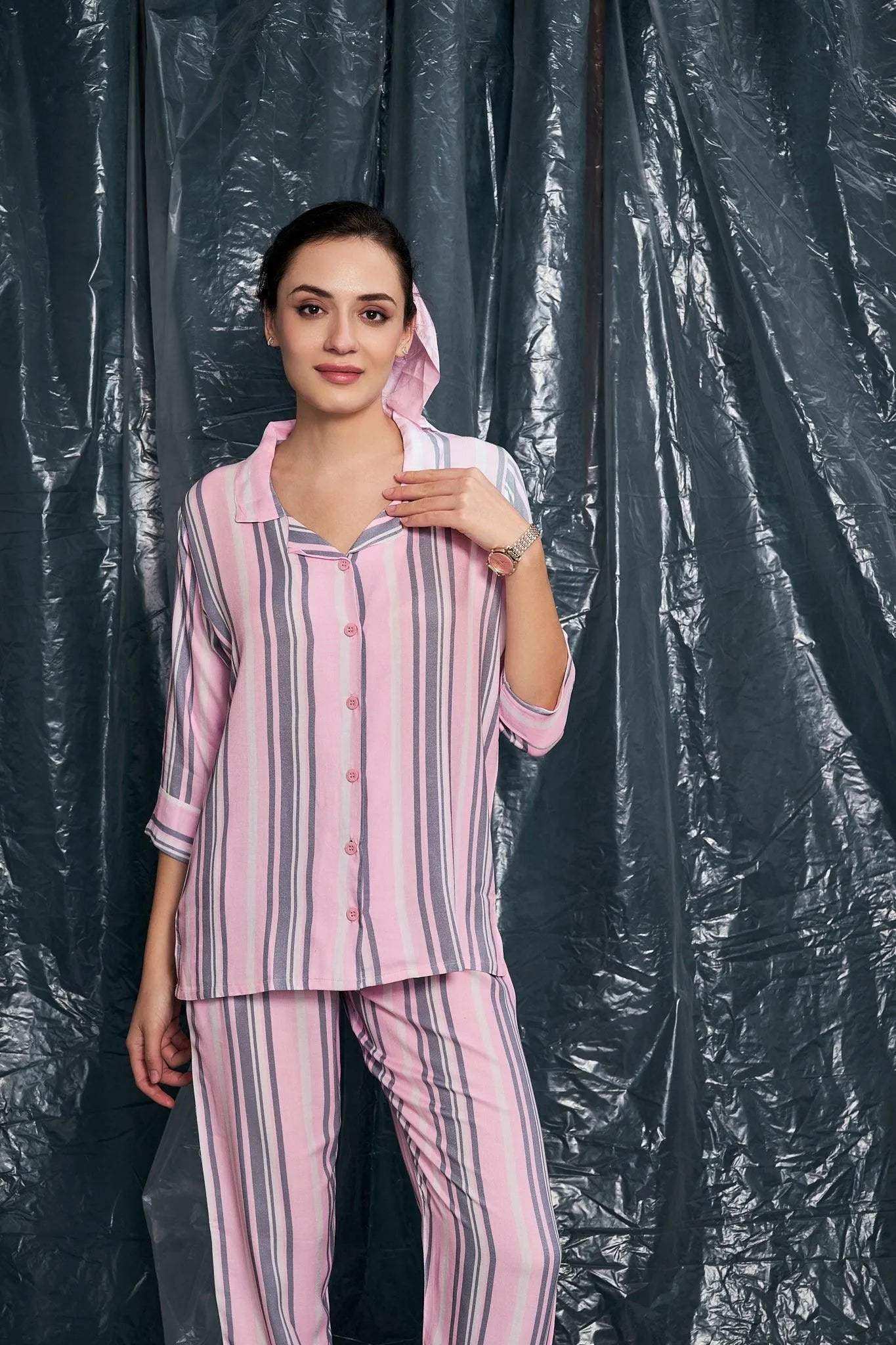 Velure Casual Stripes Night Suit - Velure - - 3/4 Sleeves, Collar Neck, Cotton, Front Button Open, Full Length Pant, Stripes