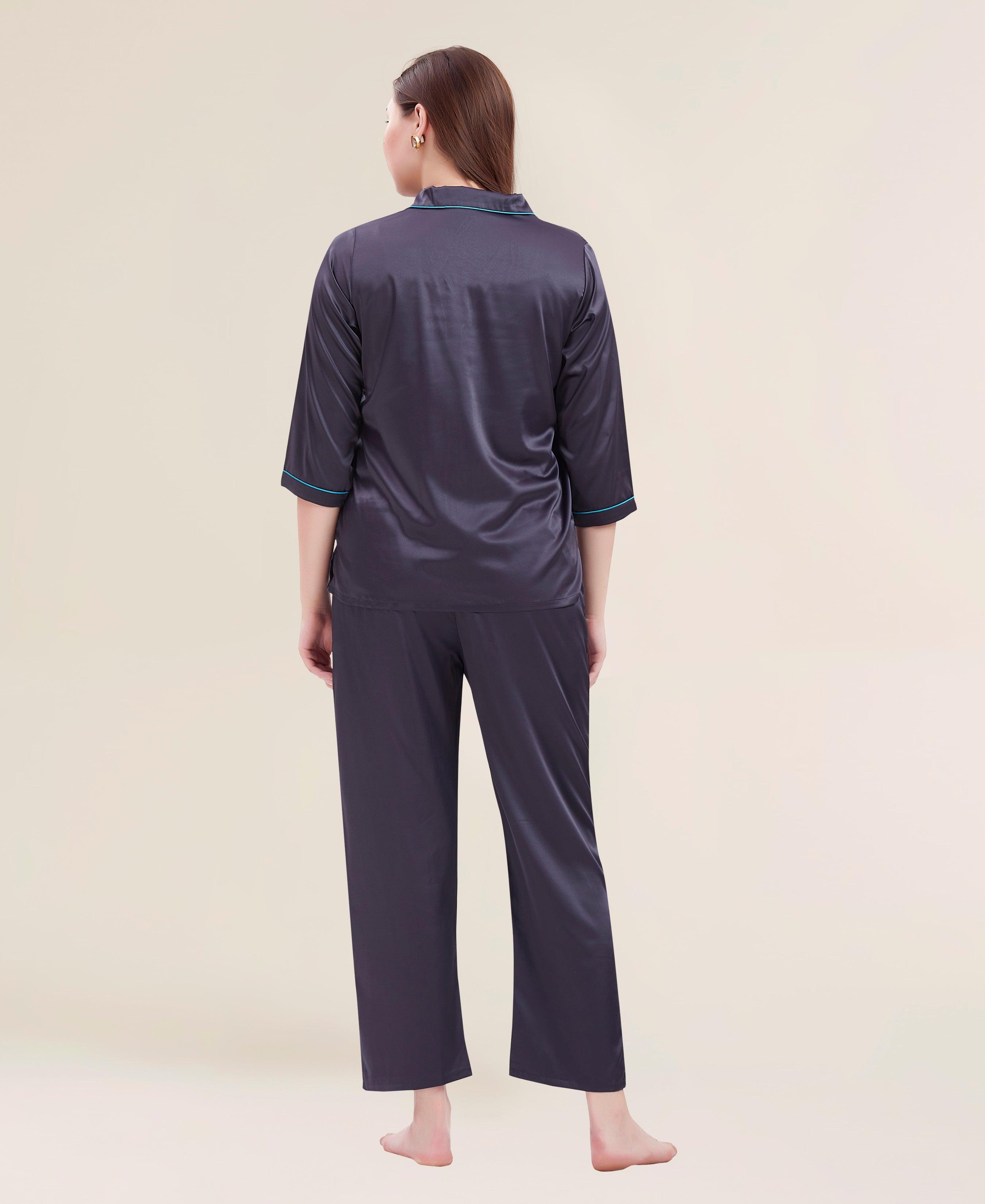 Velure Comfy Grace Satin Night Suit - Velure - Shirt and Pant - 3/4 Sleeves, Collar Neck, Eye Mask, Front Button Open, Full Length Pant, Satin