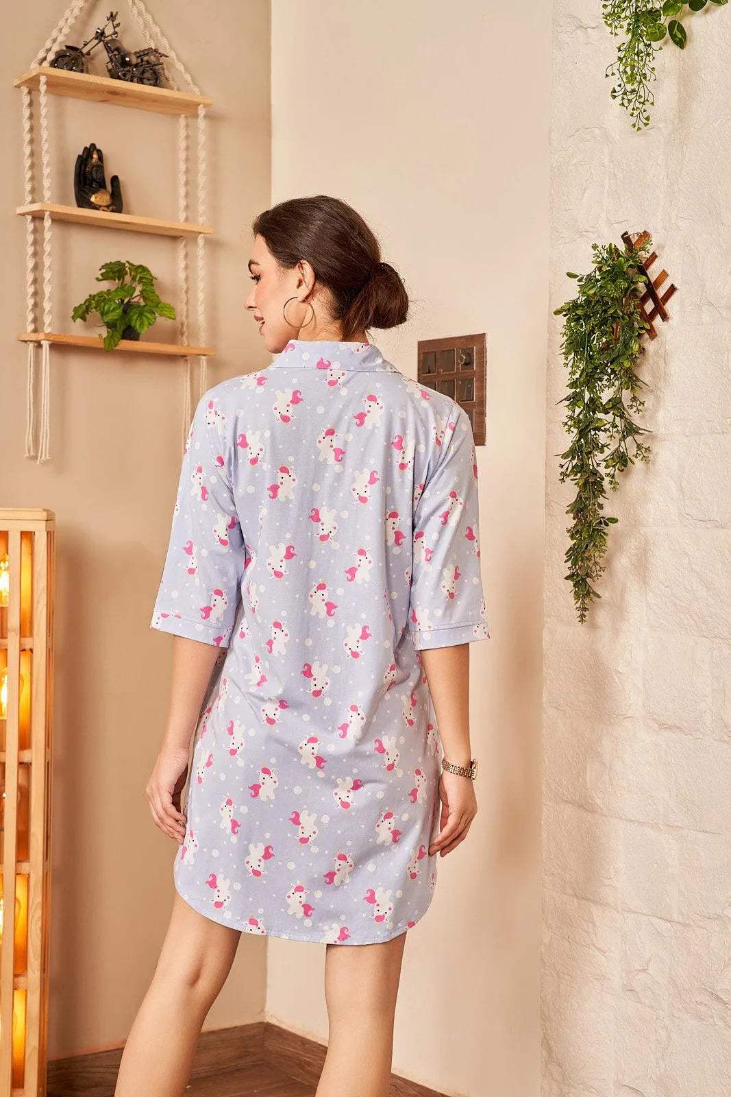 Velure Embellished Unicorn Print Night Shirt - Velure - - 3/4 Sleeves, Collar Neck, Cotton, Front Button Open, Knee Length, Printed