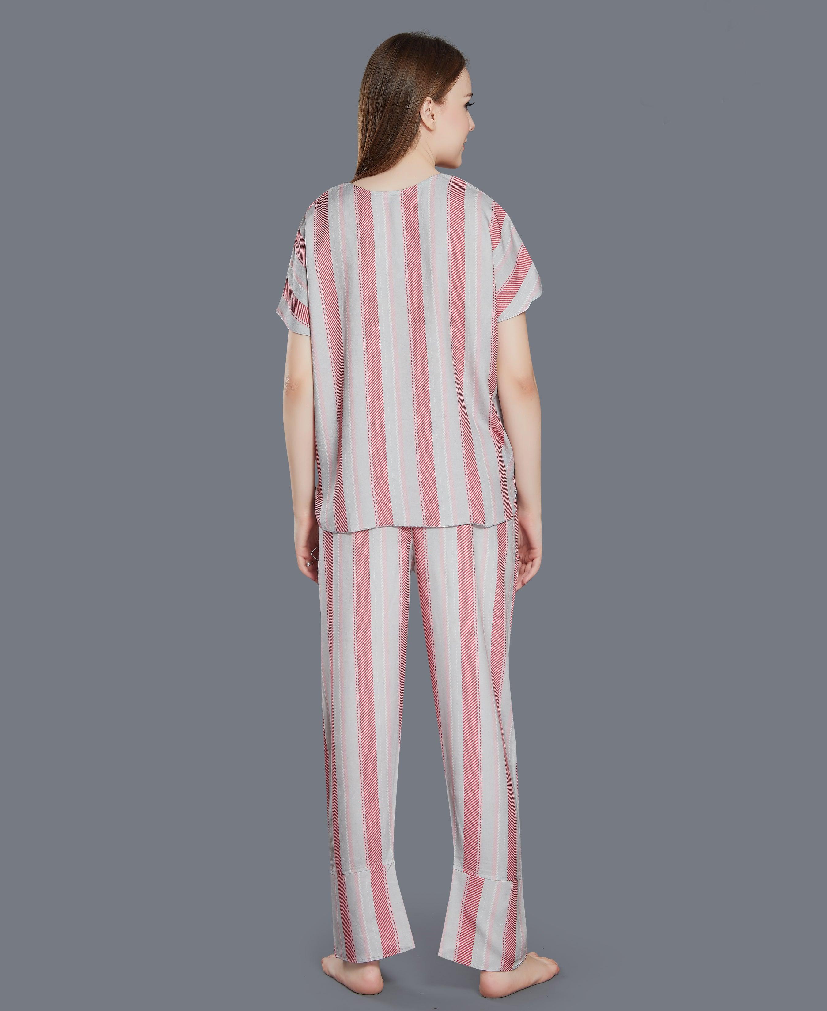 Striped Cotton Night Suit - Velure - T-Shirt and Pants - Cotton Satin, Full Length Pant, Half Sleeves, Printed, V Neck