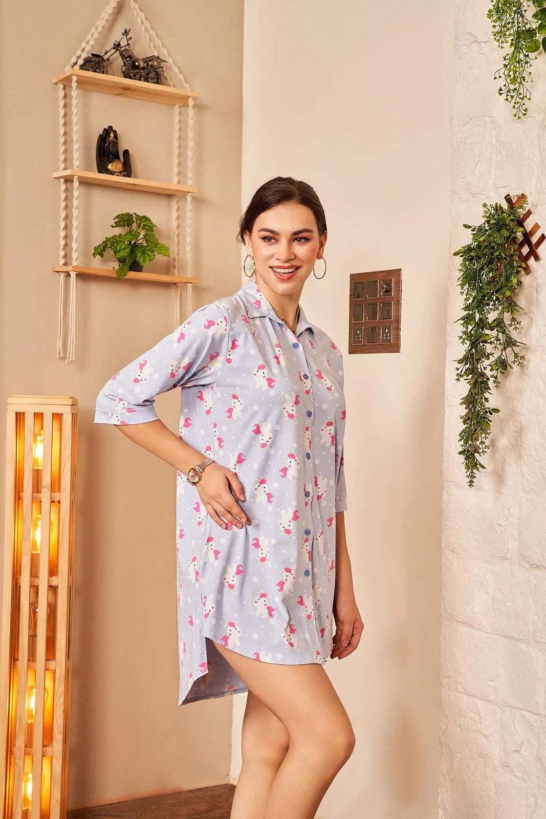 Velure Embellished Unicorn Print Night Shirt - Velure - - 3/4 Sleeves, Collar Neck, Cotton, Front Button Open, Knee Length, Printed