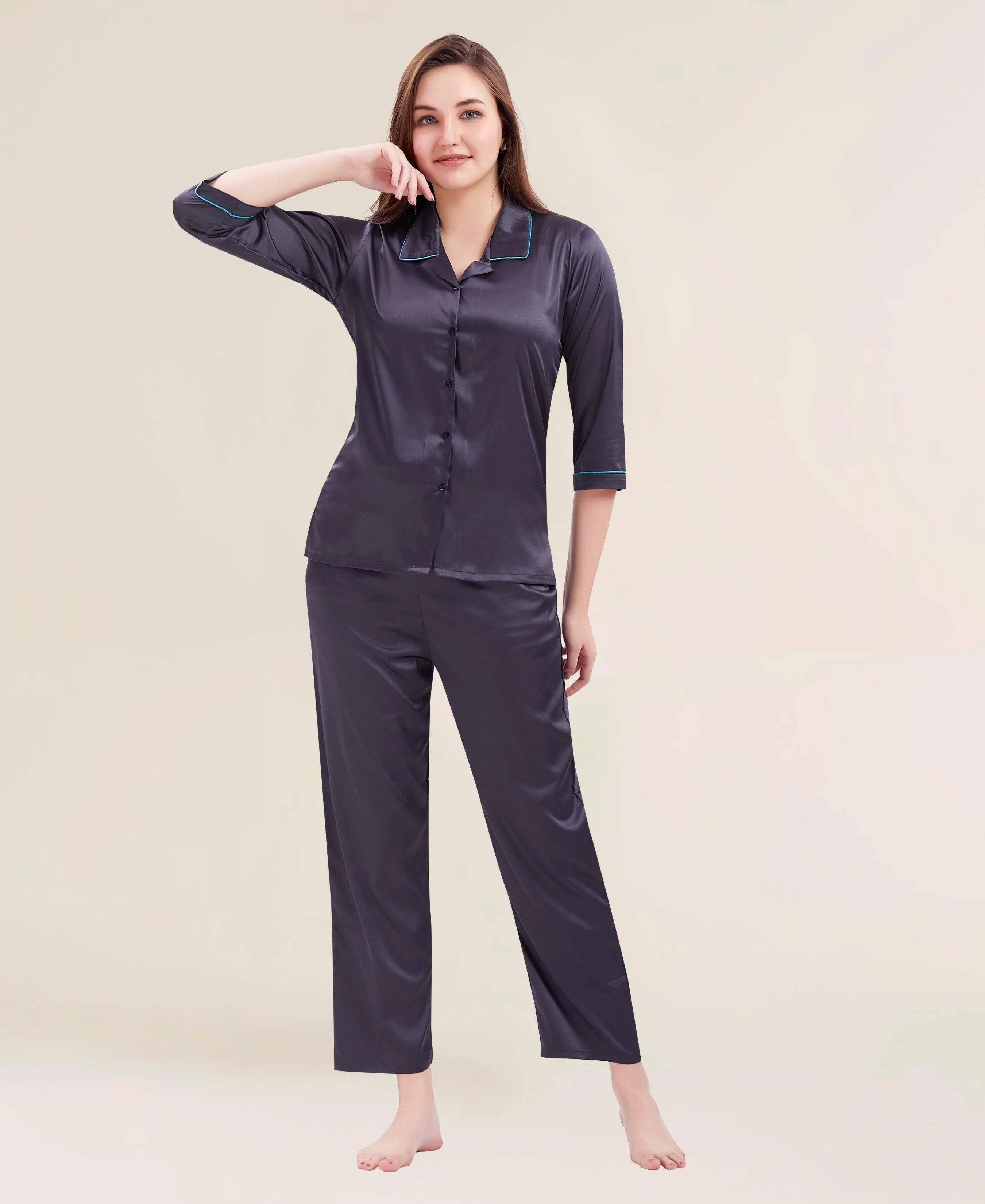 Velure Flerry Red Satin Night Suit - Velure - - 3/4 Sleeves, Collar Neck, Eye Mask, Front Button Open, Full Length Pant, Satin