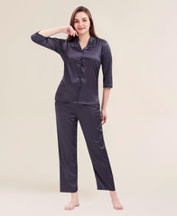 Velure Comfy Grace Satin Night Suit - Velure - Shirt and Pant - 3/4 Sleeves, Collar Neck, Eye Mask, Front Button Open, Full Length Pant, Satin