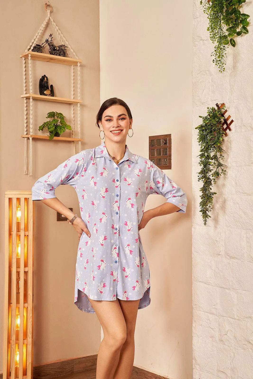 Velure Embellished Unicorn Print Night Shirt - Velure - - 3/4 Sleeves, Collar Neck, Cotton, Front Button Open, Knee Length, Printed