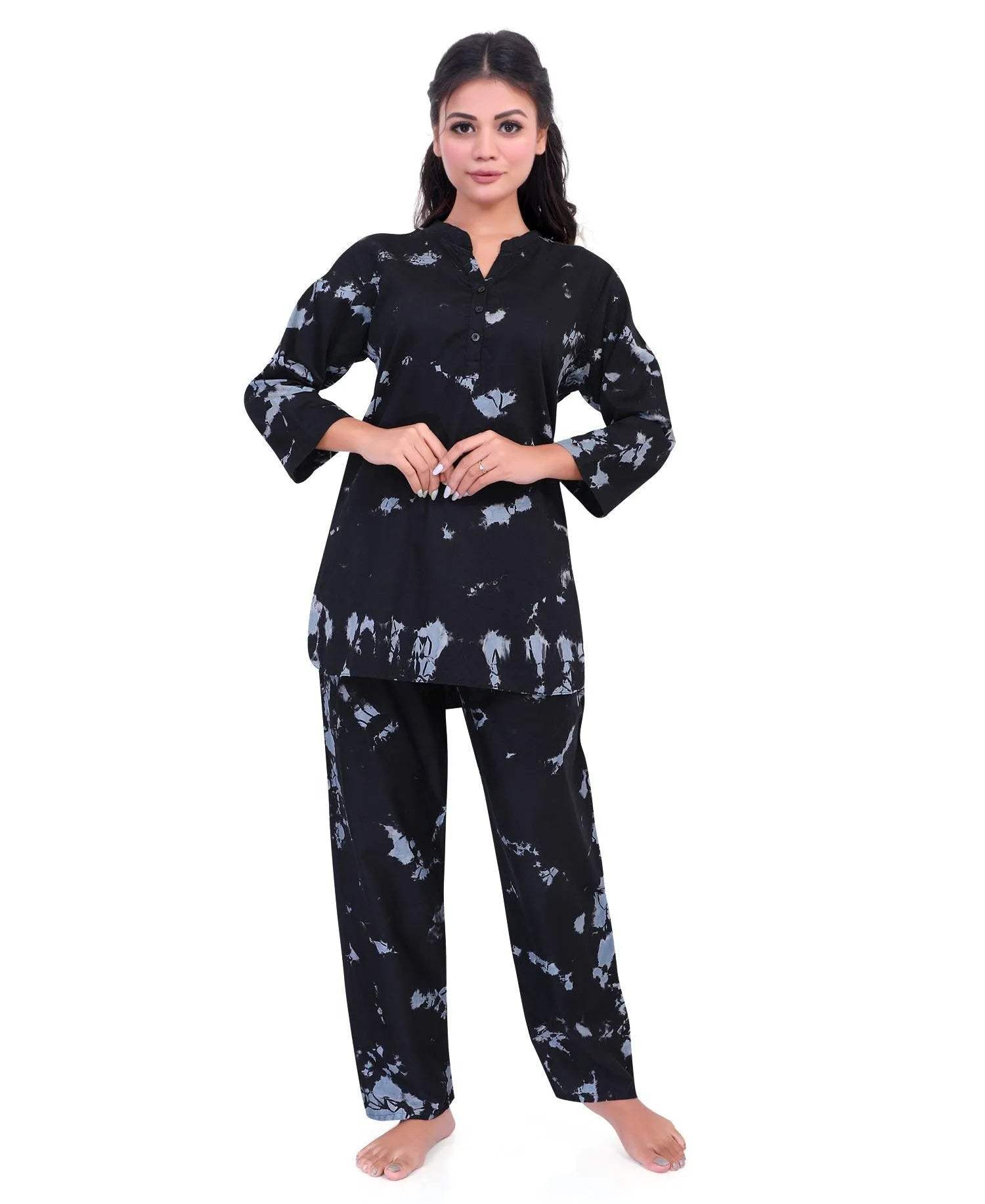 Tie-Dye Kurti Style Set - Velure - Long Top and Pant - Collar Night Suit, Cotton, Full Length Pant, Full Sleeves, Long Top Night Suit