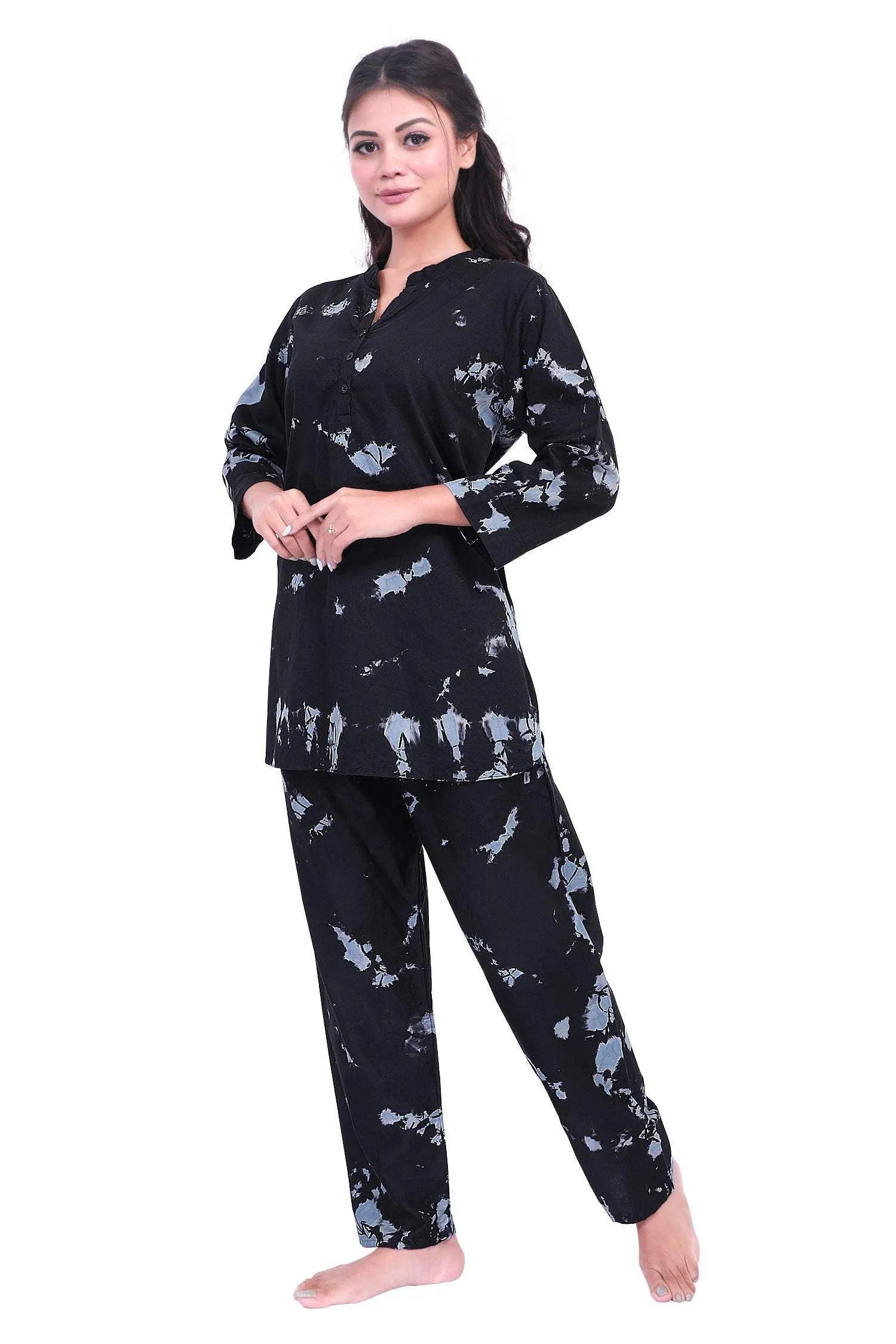 Tie-Dye Kurti Style Set - Velure - Long Top and Pant - Collar Night Suit, Cotton, Full Length Pant, Full Sleeves, Long Top Night Suit