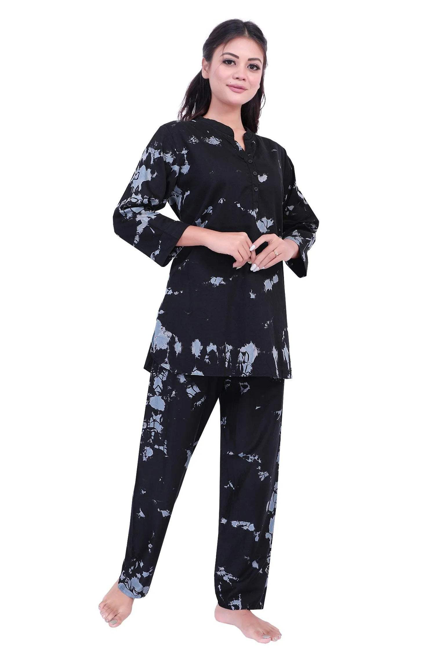 Tie-Dye Kurti Style Set - Velure - Long Top and Pant - Collar Night Suit, Cotton, Full Length Pant, Full Sleeves, Long Top Night Suit