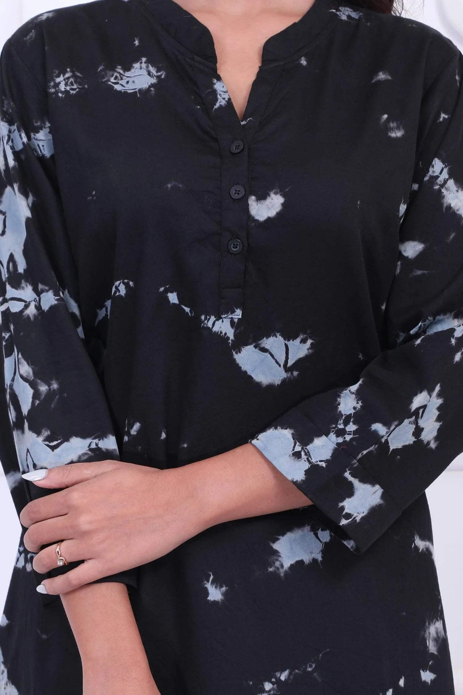 Tie-Dye Kurti Style Set - Velure - Long Top and Pant - Collar Night Suit, Cotton, Full Length Pant, Full Sleeves, Long Top Night Suit