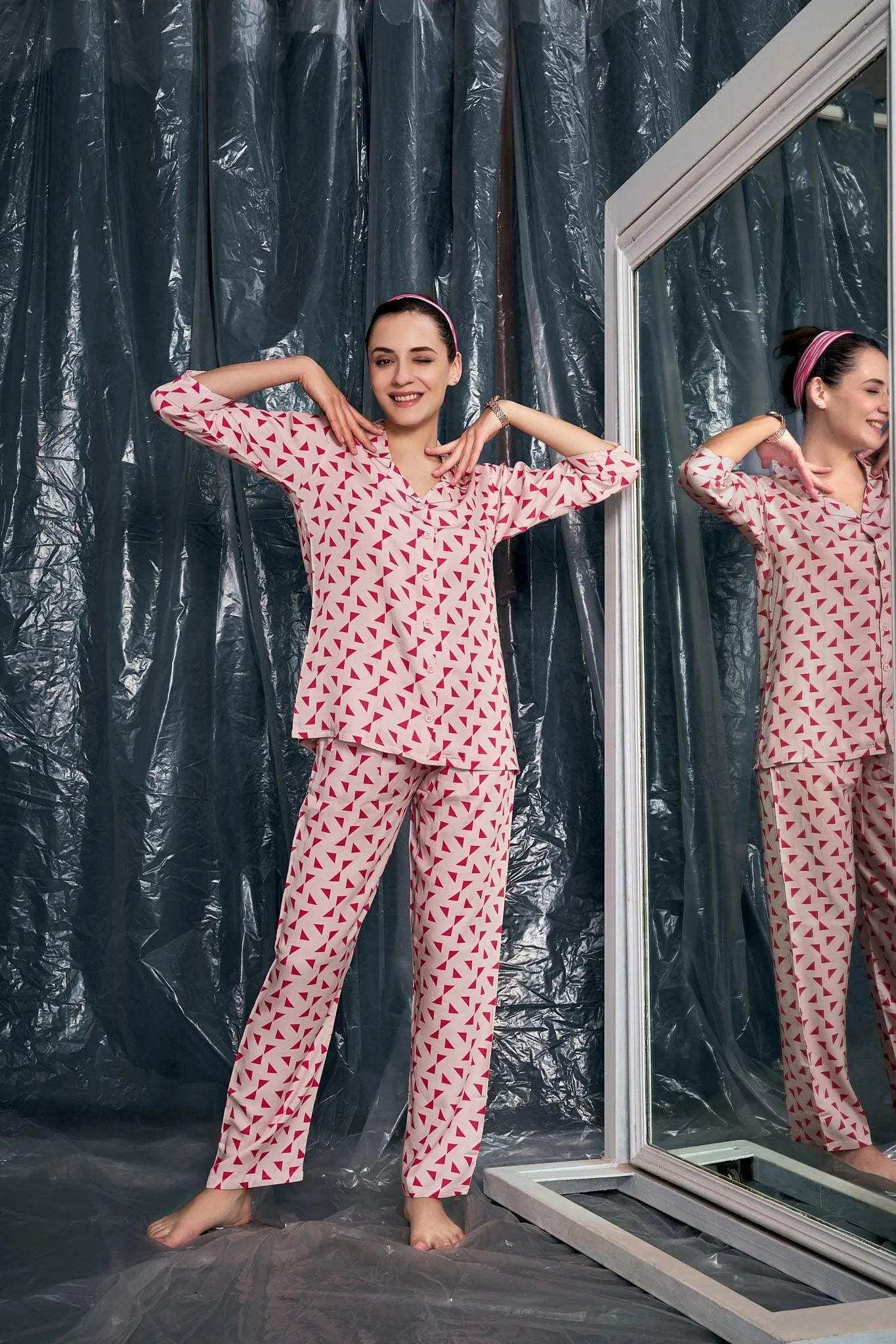 Velure Casual Geometric Print Night Suit - Velure - - 3/4 Sleeves, Abstract Print, Collar Neck, Cotton, Front Button Open, Full Length Pant