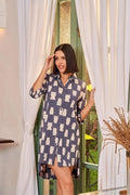 Grizzly Moody Bear Print Night Shirt - Velure - - 3/4 Sleeves, Collar Neck, Cotton, Front Button Open, Knee Length, Printed