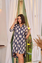 Grizzly Moody Bear Print Night Shirt - Velure - - 3/4 Sleeves, Collar Neck, Cotton, Front Button Open, Knee Length, Printed